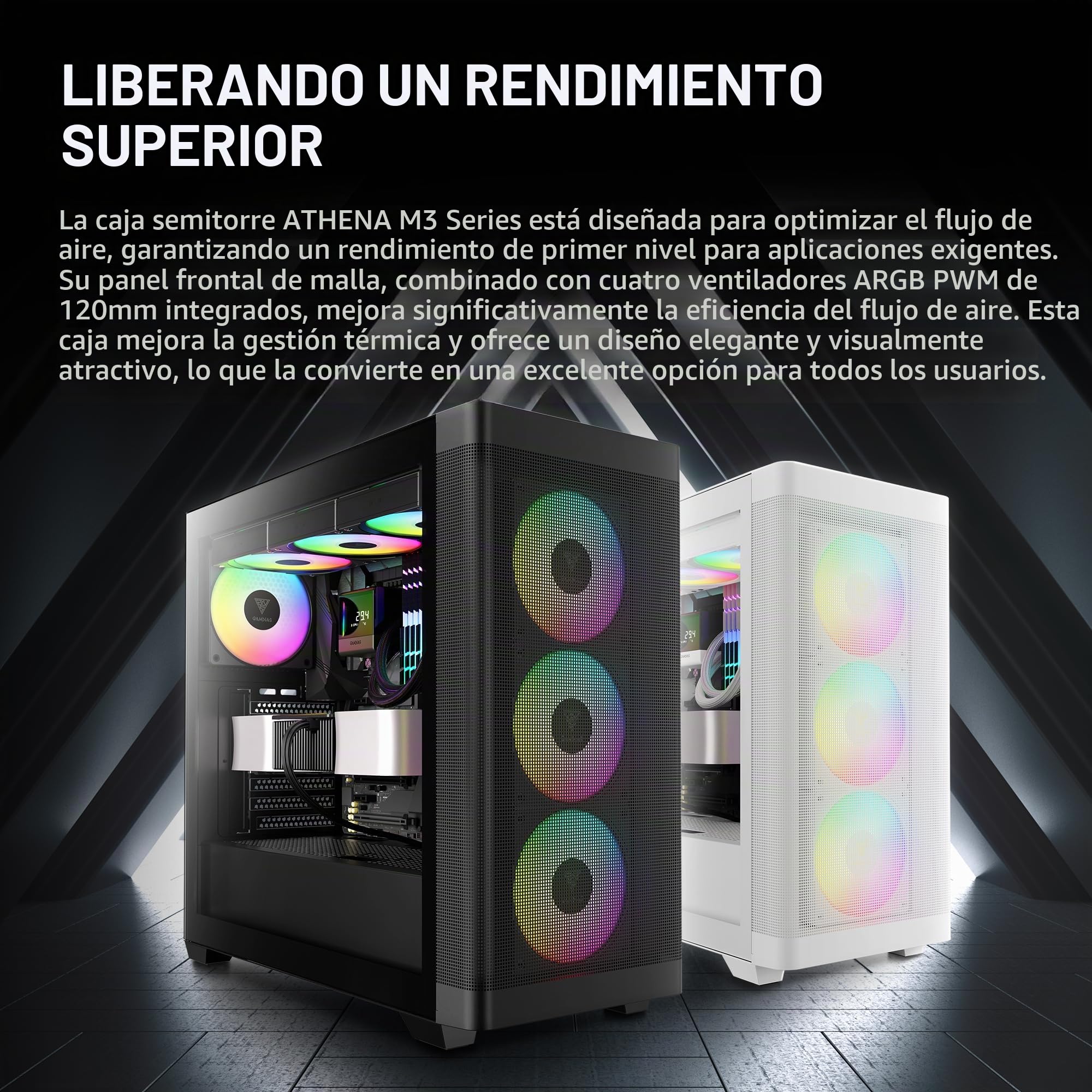 GAMDIAS Athena M3 ATX Mid Tower - Carcasa de PC de Torre Media, Ventilador ARGB PWM de 4 x 120 mm con concentrador, Malla de Flujo de Aire Frontal, Panel Lateral de Vidrio Templado sin Herramientas,