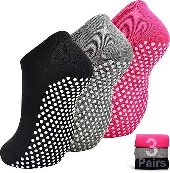 SkiBeaut Yoga Grips Non Slip Socks 3 Pairs Pilates Anti Skid Grippers Grippy Ballet Barre Socks for Women