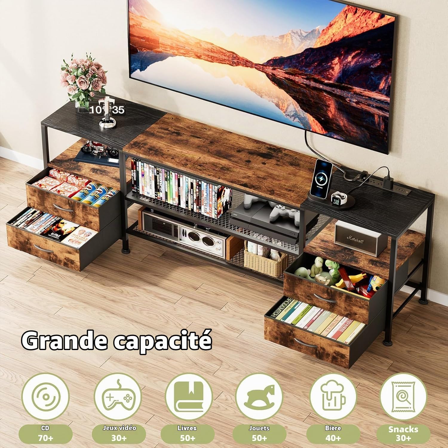 PIPIPOXER Meuble TV LED,Meuble TV avec éclairage LED e Multiprise, 2 Prises CA, 2 Ports USB pour Télévision Jusqu’à 70 Pouces Convient pour Salon ou Chambre, Marron Rustique