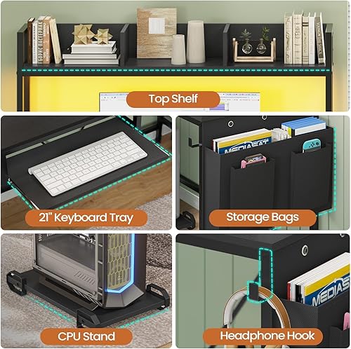 Miniatura 6 de VIGKOOK Escritorio para juegos en forma de L con estantes, escritorios reversibles de oficina en casa de 55 pulgadas con toma de corriente, tira LED