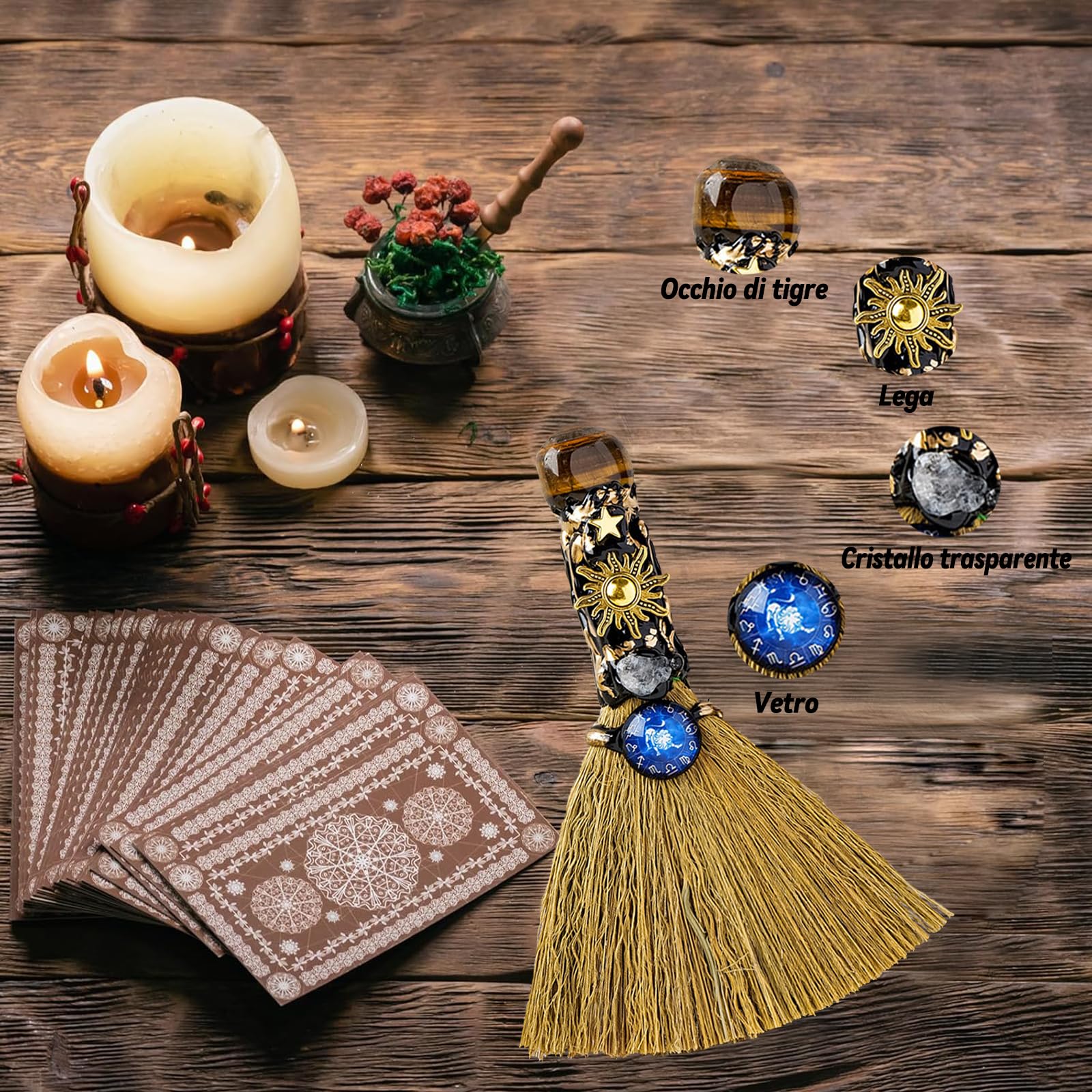 Scopa per Altare della Strega di Cristallo Artigianale con Pietre Naturali e Incisioni Zodiacali per Meditazione Guarigione Yoga Leone