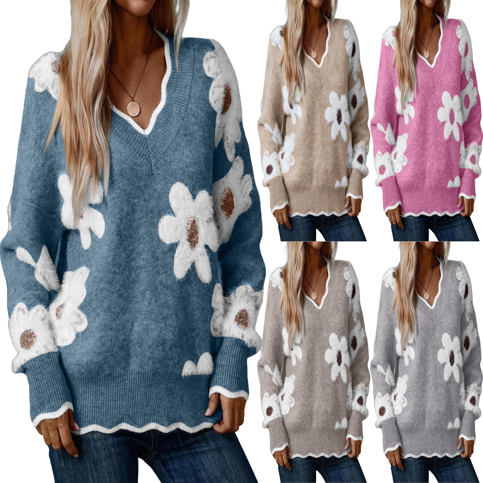 Oversized Sweaters for Women V Neck Fuzzy Sweaters Casual Long Sleeve Flower Pattern Chunky Knit Cute Pullover Jumper