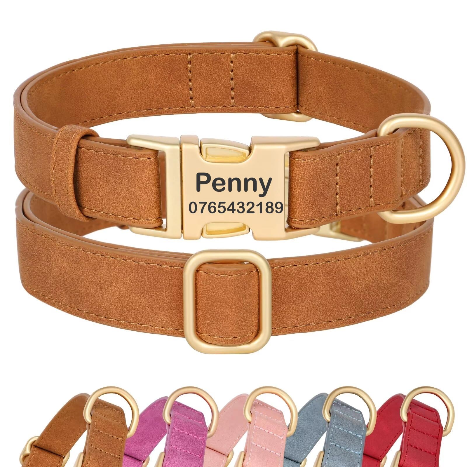 SEOUGEE Personalised Dog Collar with Engraved Name and Number, Custom Soft PU Leather Dog Collars, Adjustable & Durable Pet Collars with Quick Release Metal Buckle for Medium Dogs (M, Camel 32-52cm) — image 1