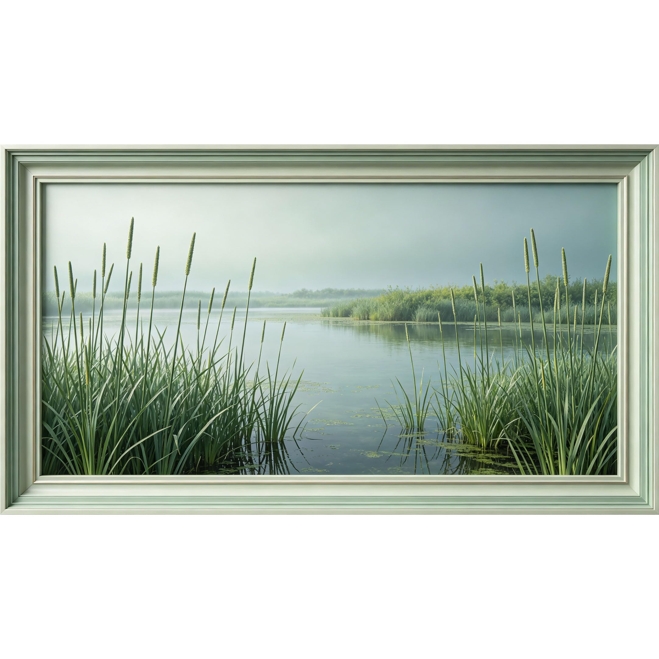 QZLITHOTIC 50×90cm3D Framed Wall Art， Mist Lake Cattail Reed Landscape Self?Adhesive Mural， Water?Activated Peel & Stick Fabric Decor Wall Decal for Bedroom Living Room