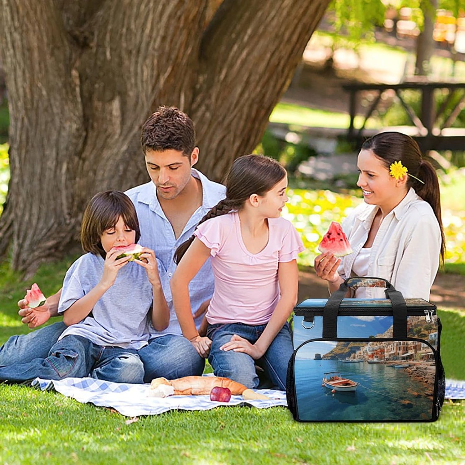 Insulated Picnic Backpack Tote Bag, Large Capacity 30L Seaside Town Cooler Bag Leakproof Beach Bags Portable Lunch Box Waterproof Picnic Basket for Beach Camping BBQ