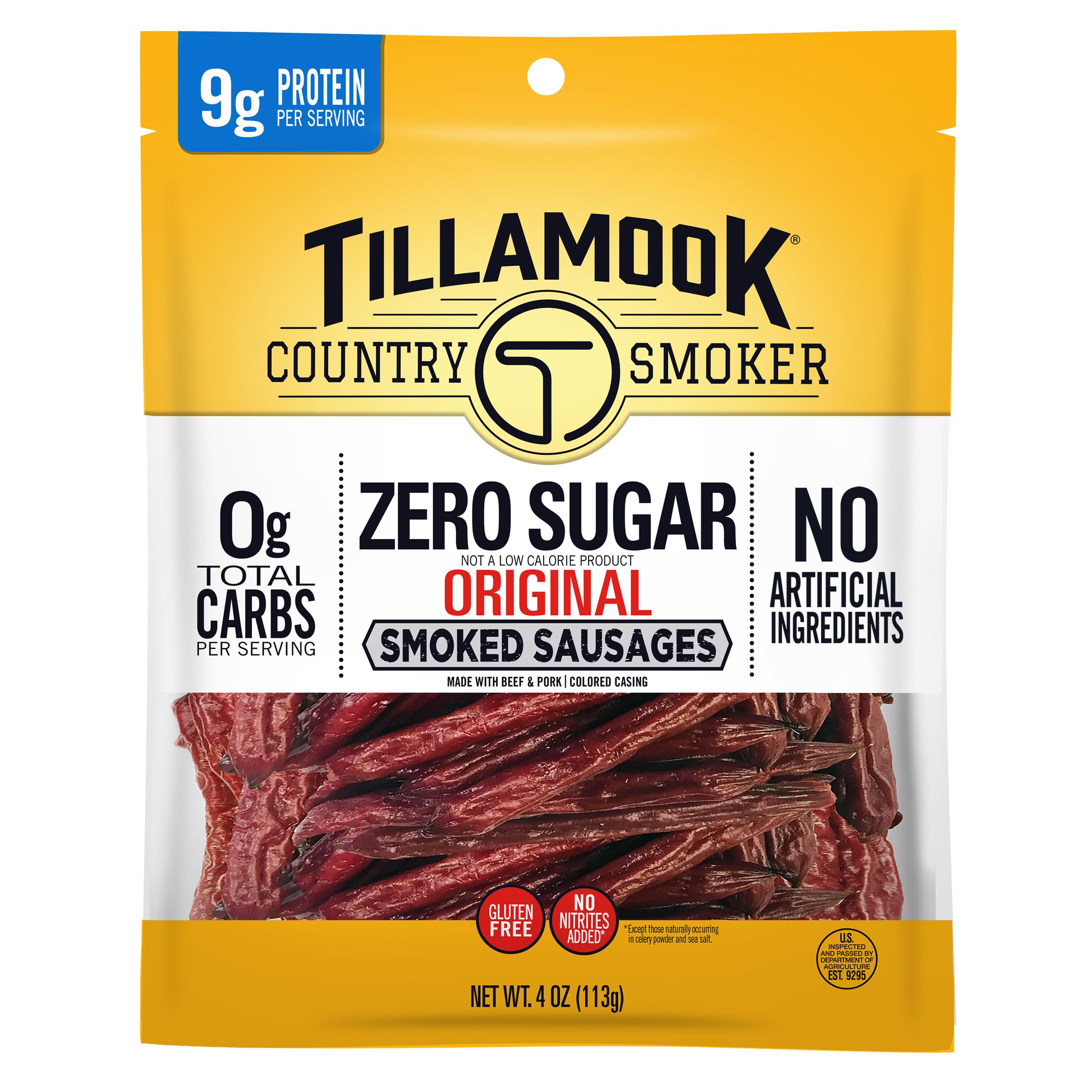 Tillamook Country Smoker Smoked Sausage, Zero Sugar, Original, 4 Ounce (1 Pack) Real Hardwood Smoked Sausages, Low Carb, High Protein Ready to Eat