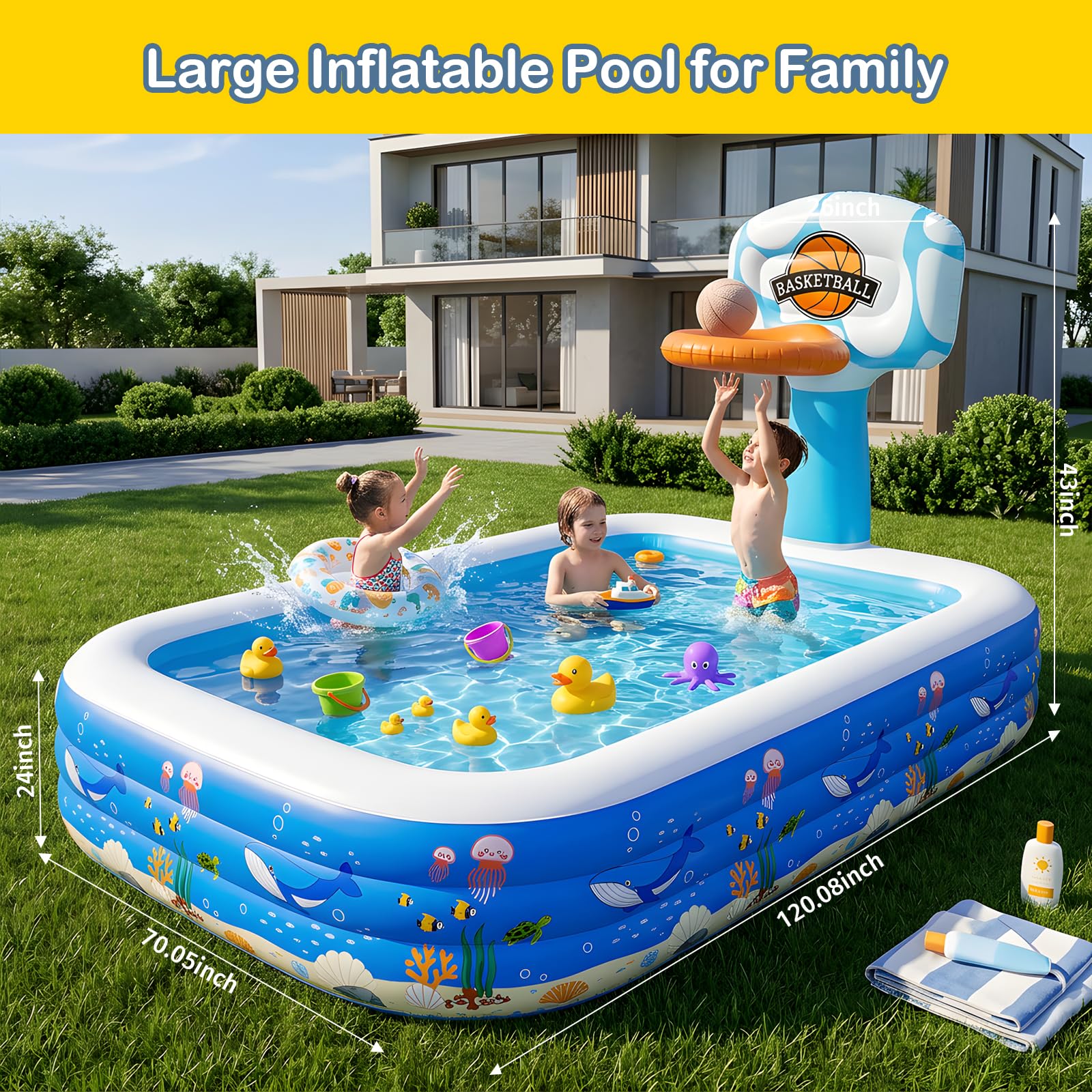 Aufblasbares Schwimmbad, 304,8 x 182,9 x 61 cm, Kinderpools, Familien-Lounge-Pools verdickt, oberirdischer Familienpool für Sommer-Wasserparty, Hinterhof, Garten, Rasen | Family Lounge Pools Verdickter oberirdischer Familienpool für Sommer-Wasserparty, Hi