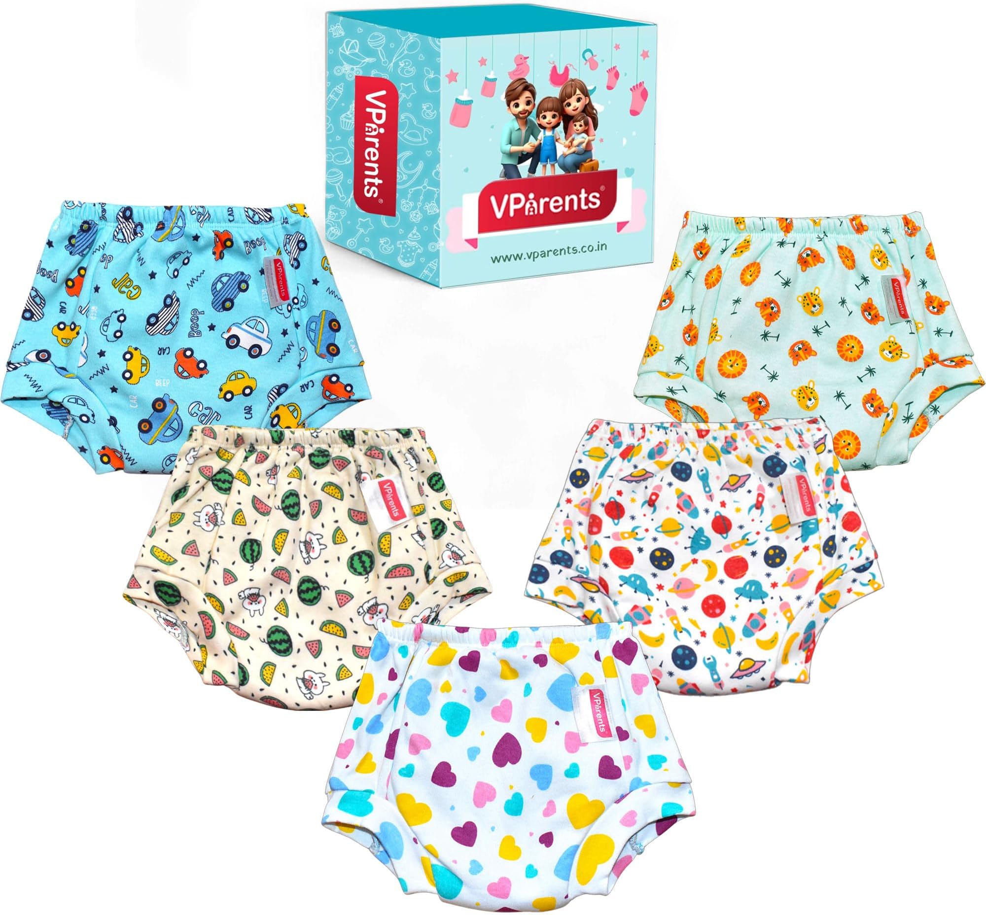 Padded Underwear for Babies and Toddlers with 3 Layers of Cotton Padding Potty Training Pull Up & Diaper-Free Time Pack of 5(2-3 years) Lion car Heart galaxy Watermelon, 1 count
