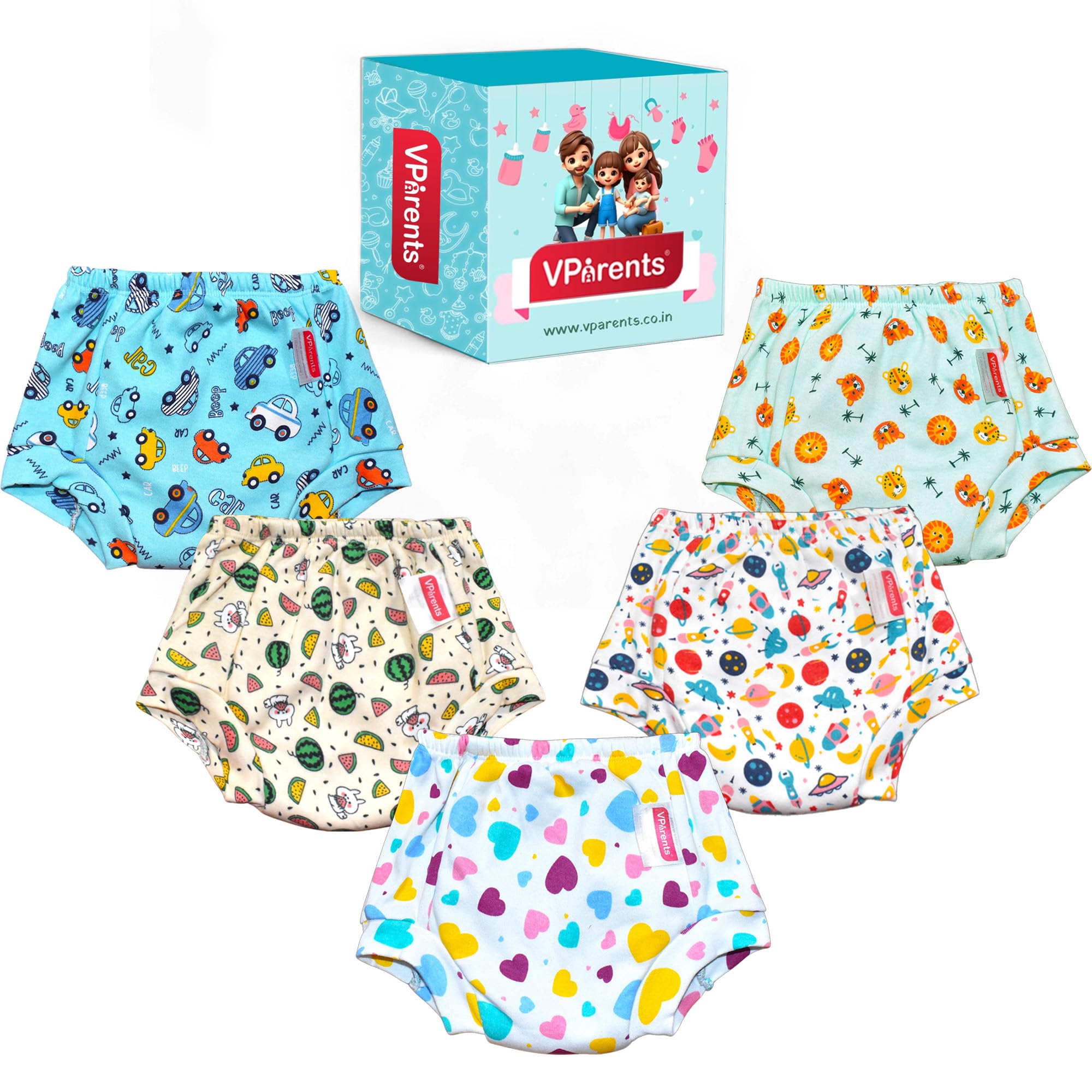 Padded Underwear for Babies and Toddlers with 3 Layers of Cotton Padding Potty Training Pull Up & Diaper-Free Time Pack of 5(2-3 years) Lion car Heart galaxy Watermelon, 1 count