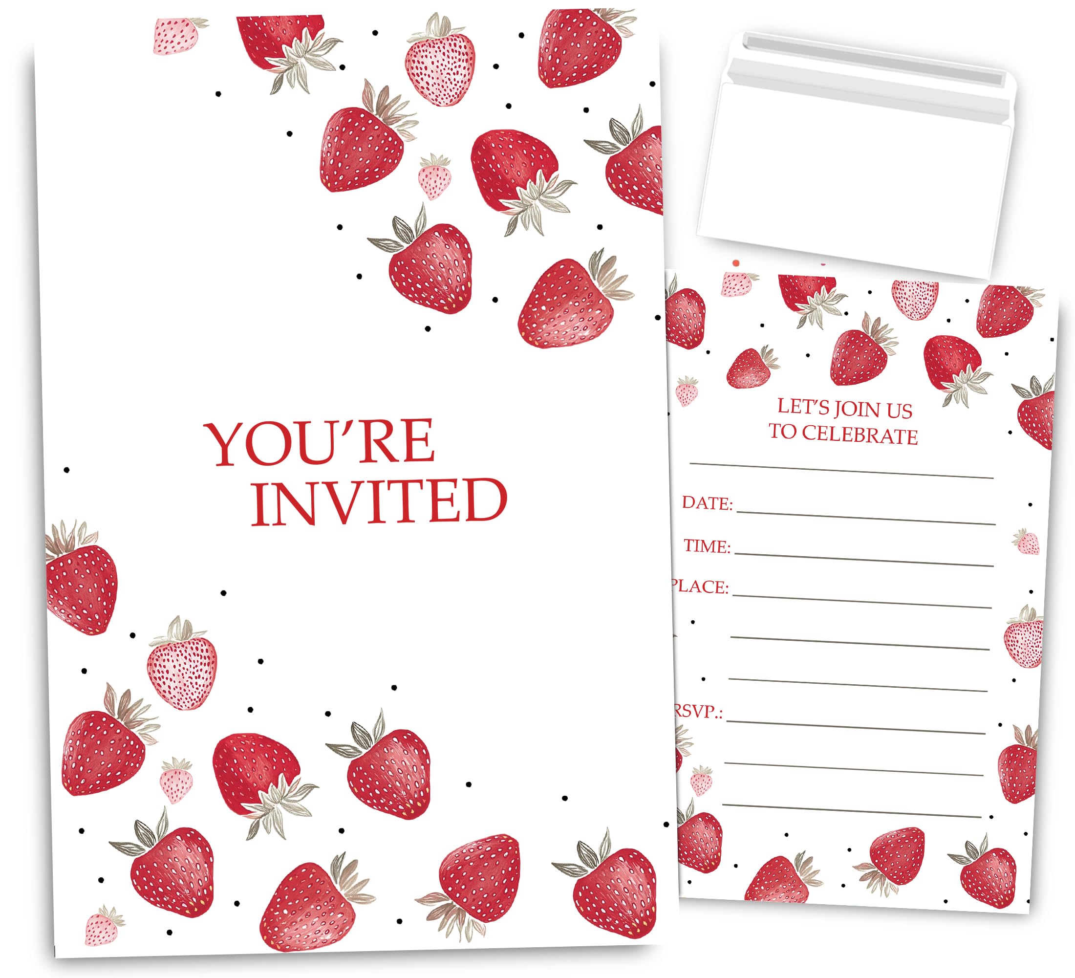VAVINCI Strawberry Birthday lnvitation, Summer Fruits Themed Birthday Invites for Girls, 30 Sets with Envelopes