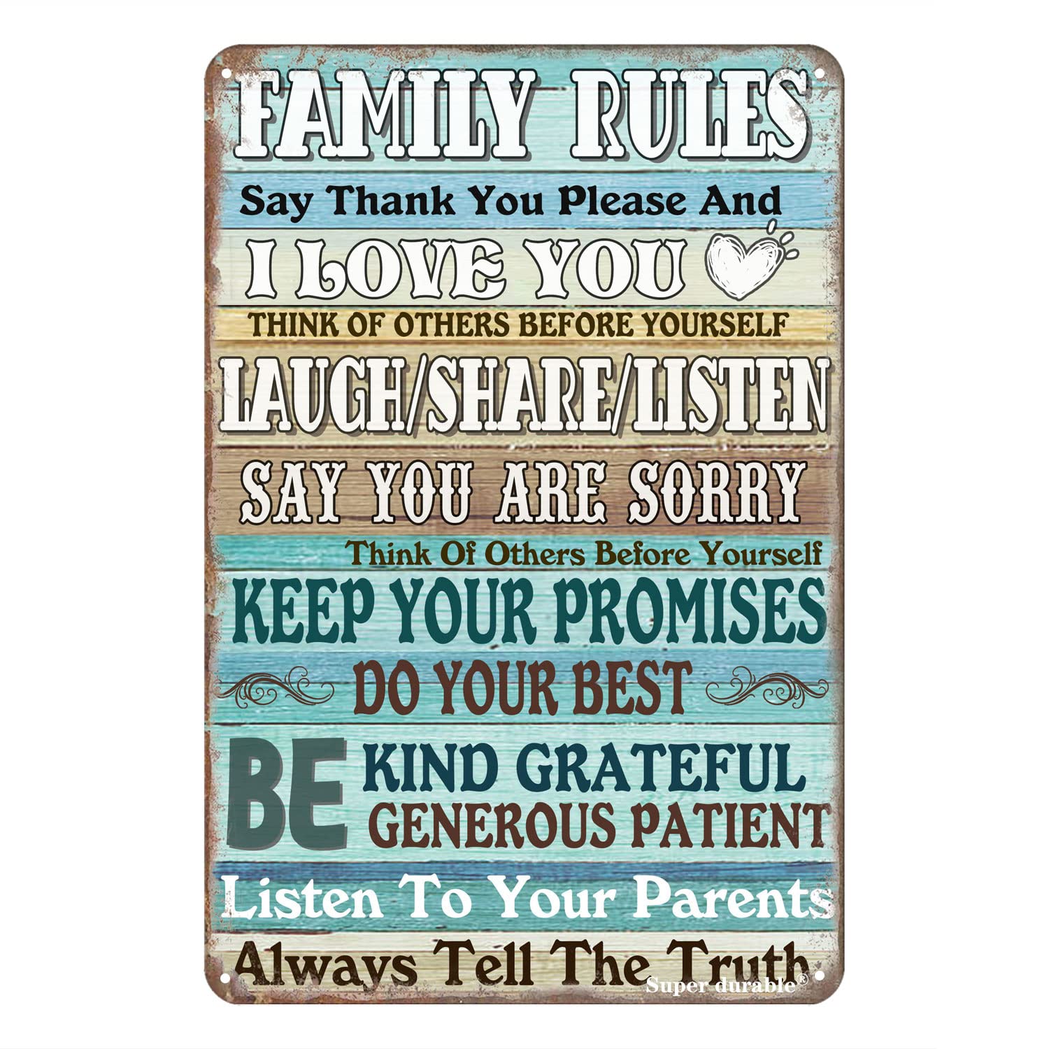 Our Family Rules Decorative Inspirational Rustic Metal Sign Wall Decor Perfect Decor Tin Sign for Living Room Bathroom and Kitchen Sign 12x8 Inches