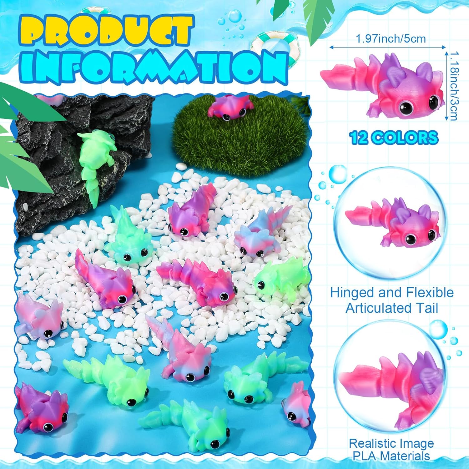 Soulchen 12 Pcs 3D Printed Axolotl Figures Charms Sensory Mini Fidget for Axolotl Party Favors Birthday Party Supplies Tiny Animal Figures for Christmas (Gradient)