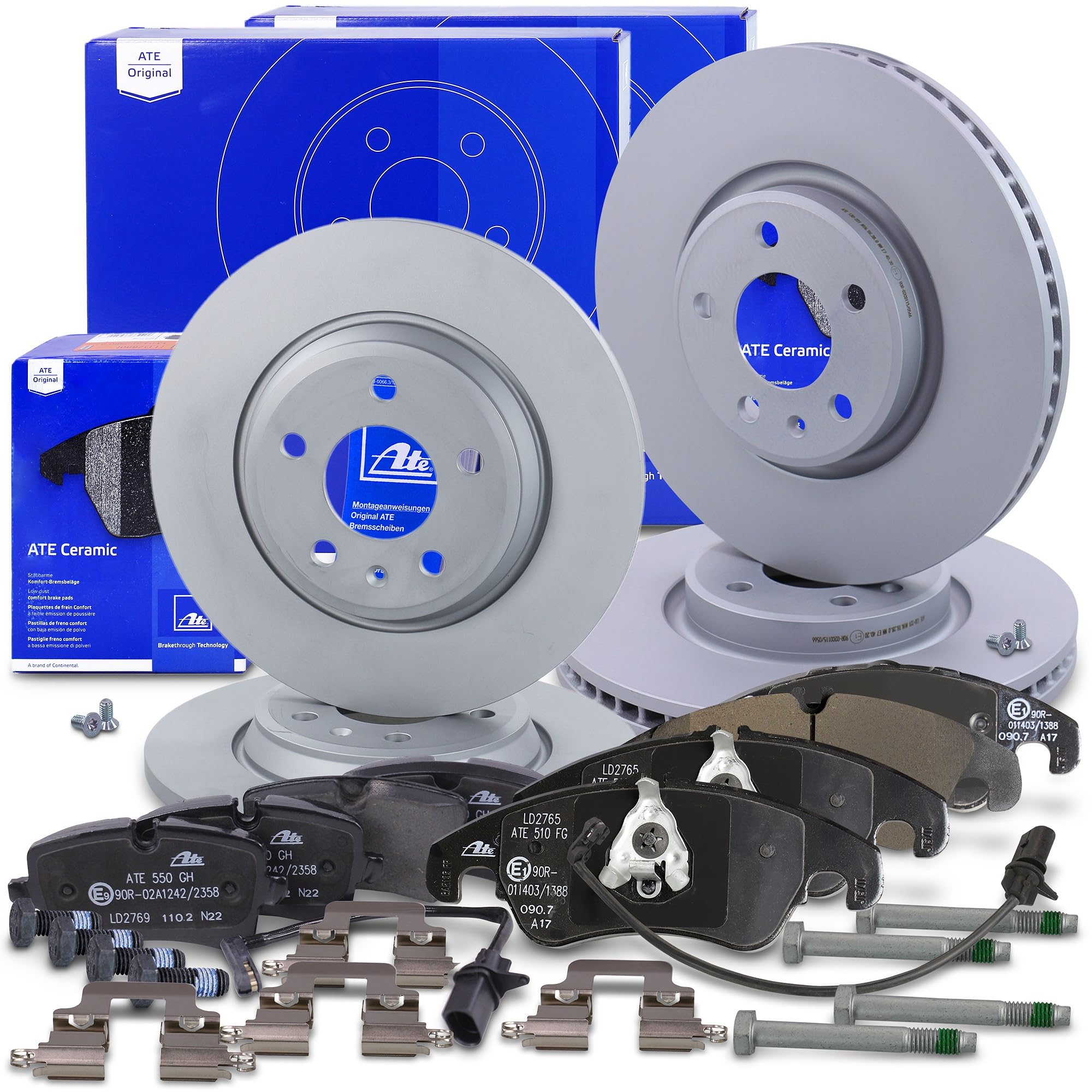 ATE Set di freni +dischi freno anteriori ¯ 320mm ventilati +posteriori ¯ 300mm pieni e pastiglie freno in ceramica anteriori +posteriori Compatibile con AUDI A6 C7 (4G2, 4GC), A7 (4GA, 4GF)
