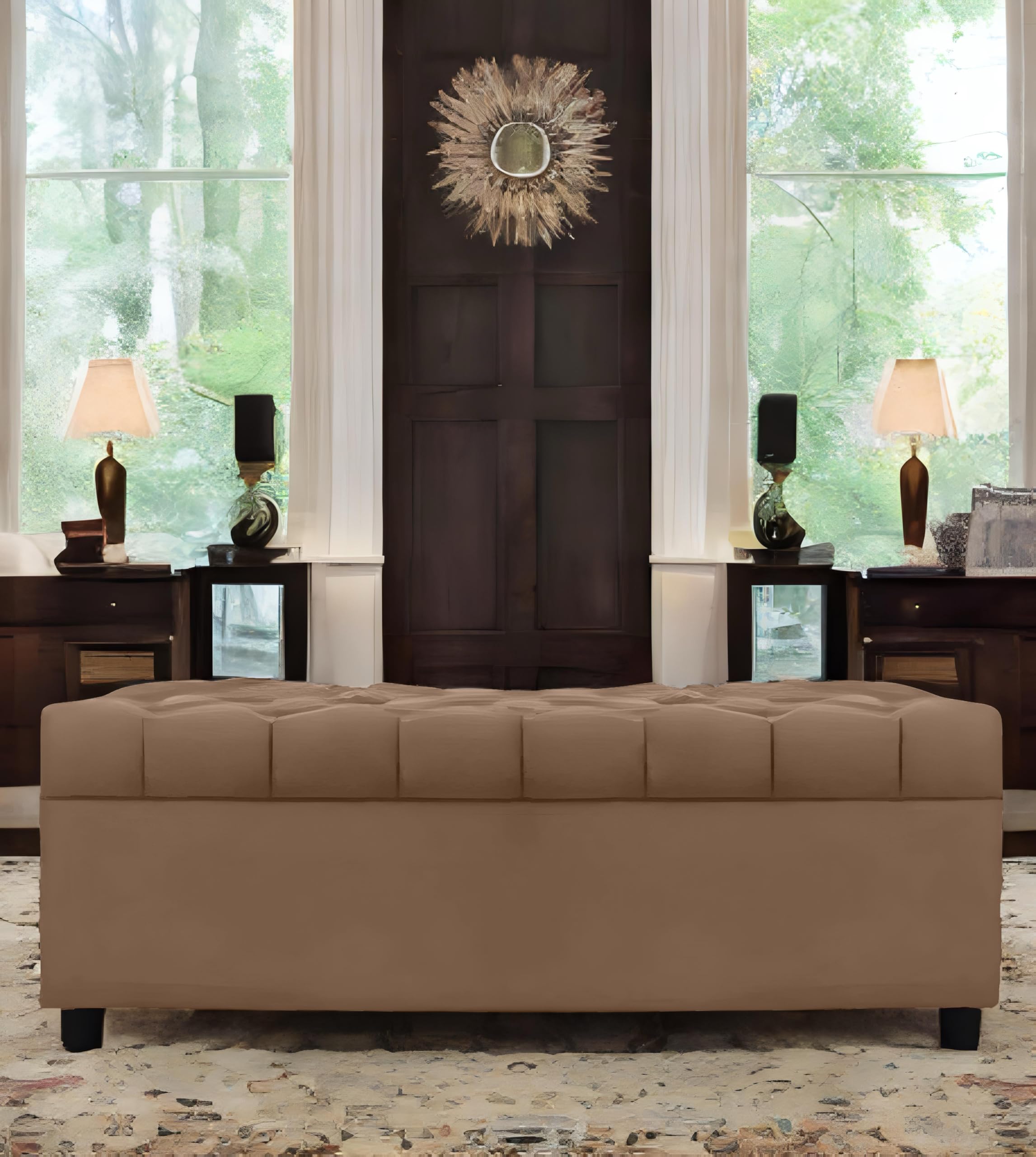AMATA Eagle Solid Wood 2 Seater Ottoman/pouffe Camel Suede velevt Fabric Perfect for Home Living Office Room and Guests (Camel 3, 2 Seater)(3YEAR Warranty)