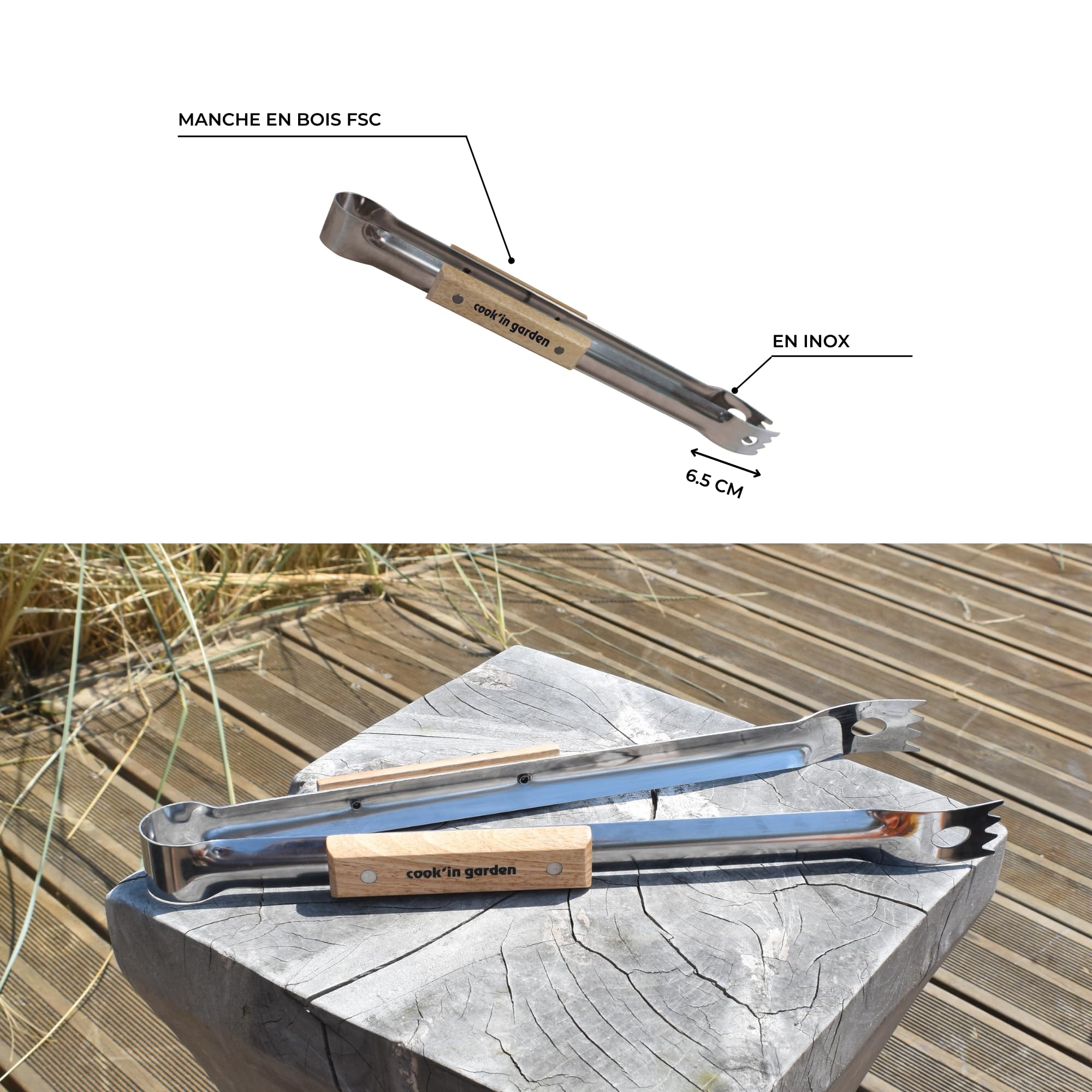 Cook’in Garden - Pince Essentiel FSC® 100%, Résistante aux Flammes et Hautes Températures, Manche Soft Touch Ergonomique, Ustensile Pratique pour Barbecue et Plancha, Cuisine Extérieure