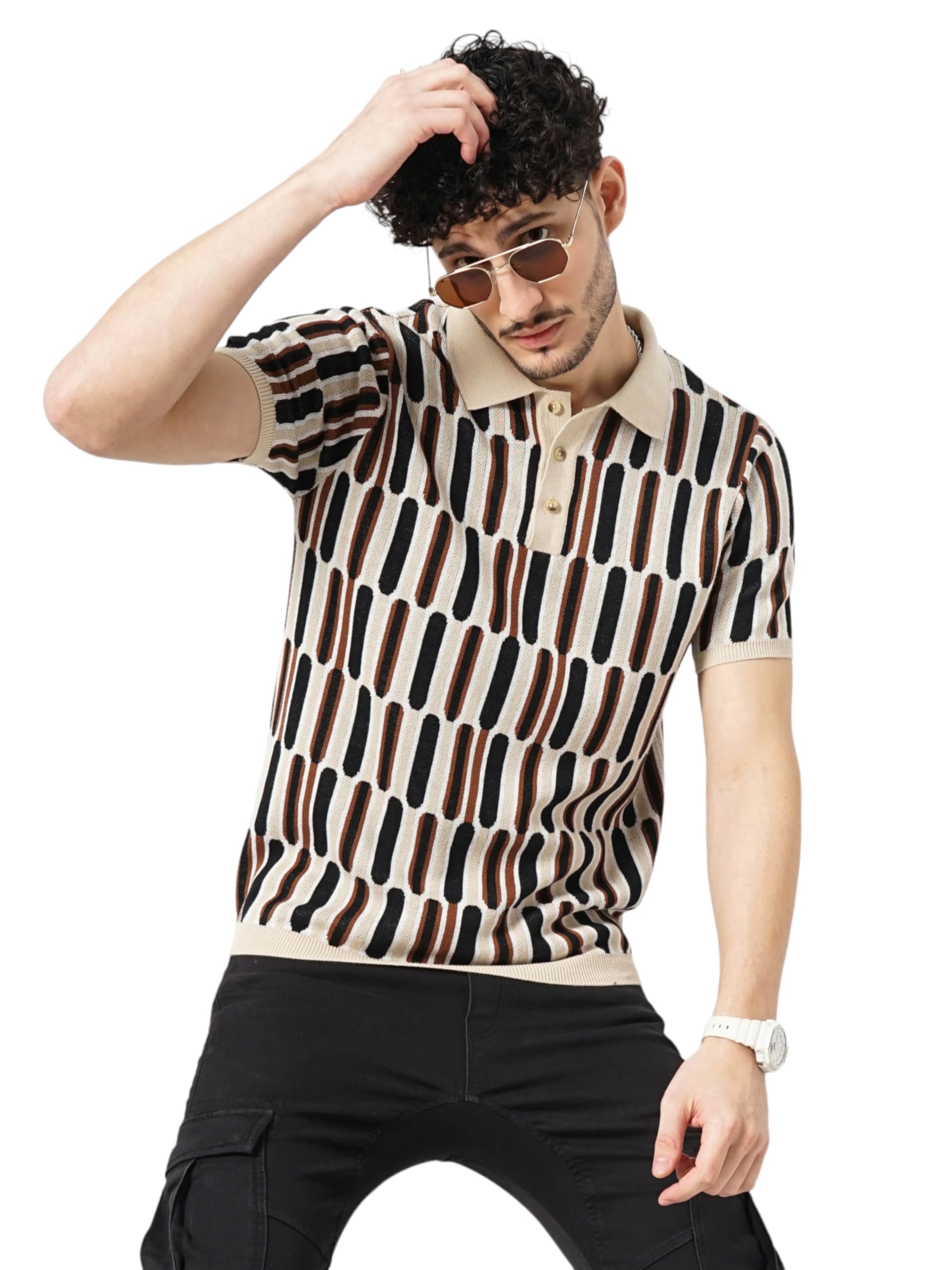 Celio Men Beige Printed Regular Fit Cotton Flat Knit Polo Tshirt