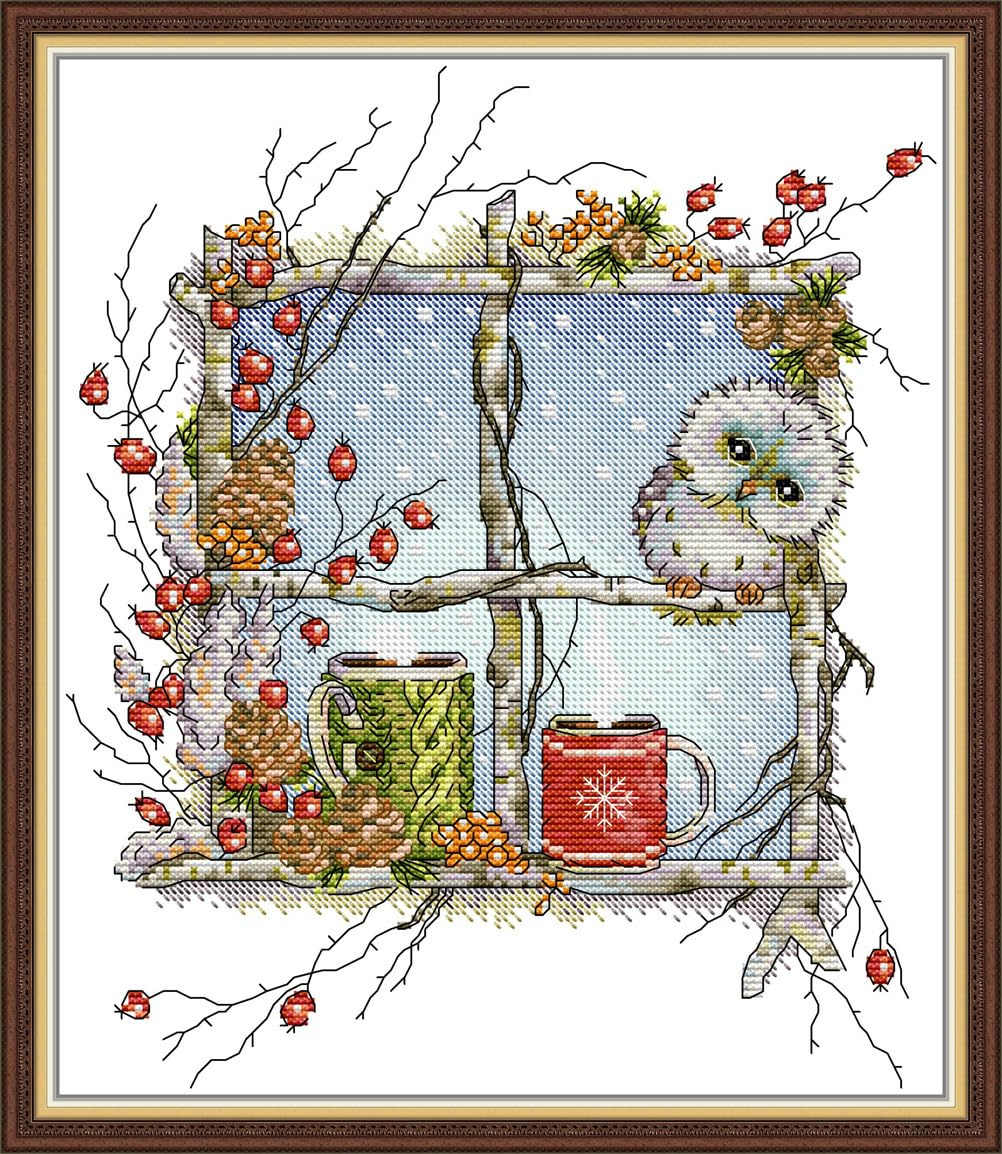 Meecaa Cross Stitch Kits 14 Count Stamped, Owl Window Berry Animal Embroidery Kit with Accessories Pre Printed（30×34CM (Owl)