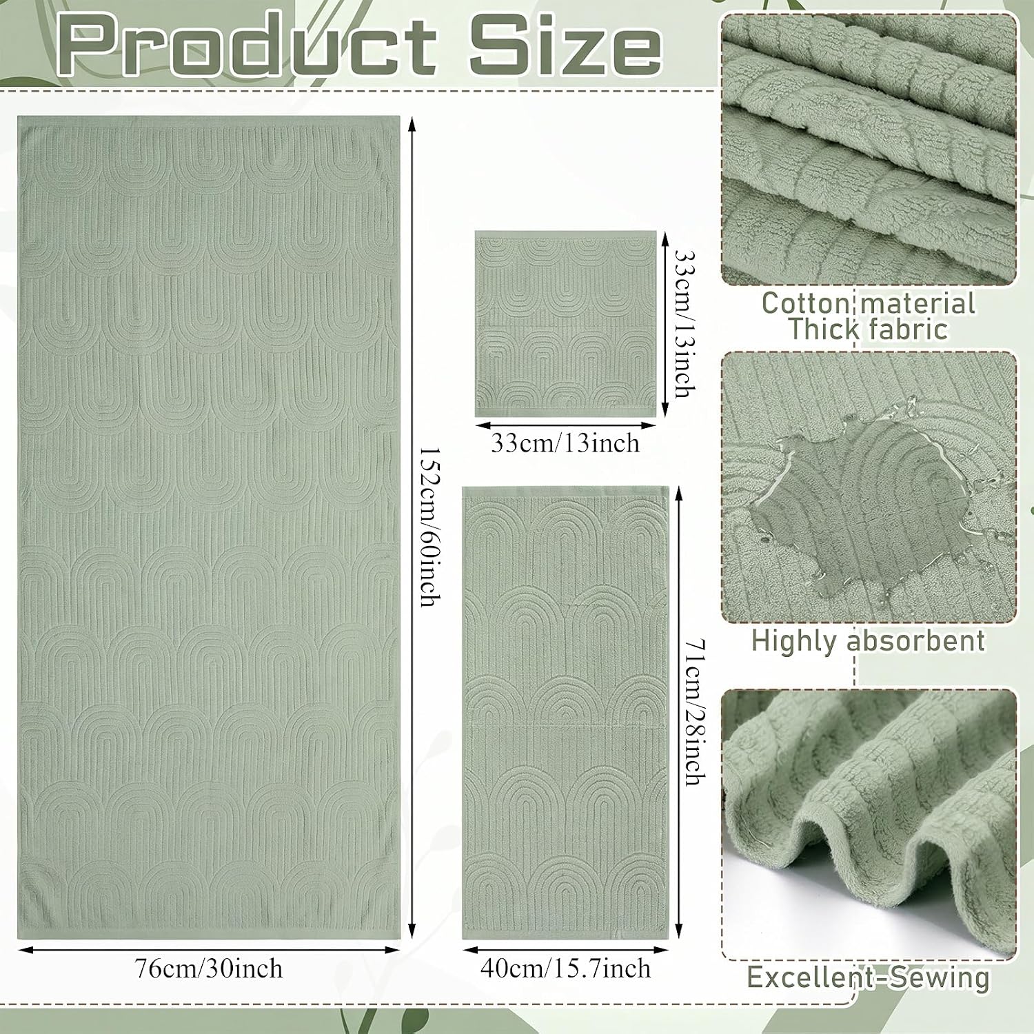 6 Pack Boho Bath Towels Set 100% Cotton Luxury Decorative Towels for Bathroom 2 Bath Cloth 2 Hand Cloth and 2 Wash Cloths Soft Absorbent Farmhouse Bathroom Decoration Gift (Sage Green)