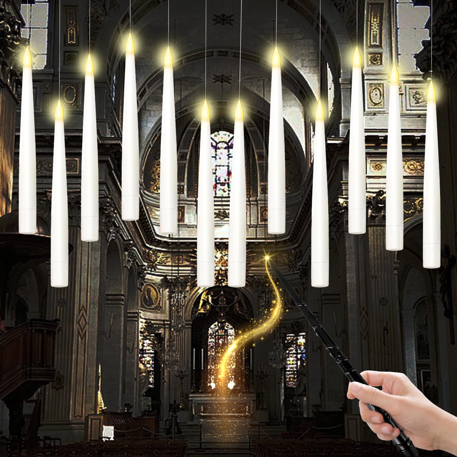 Zhujiecao White Floating Candles With Wand, 12 Pcs Flameless Led Taper Candles, Battery Operated Flickering Hanging Candles For Magical Christmas Decor, Wedding, Party & Halloween