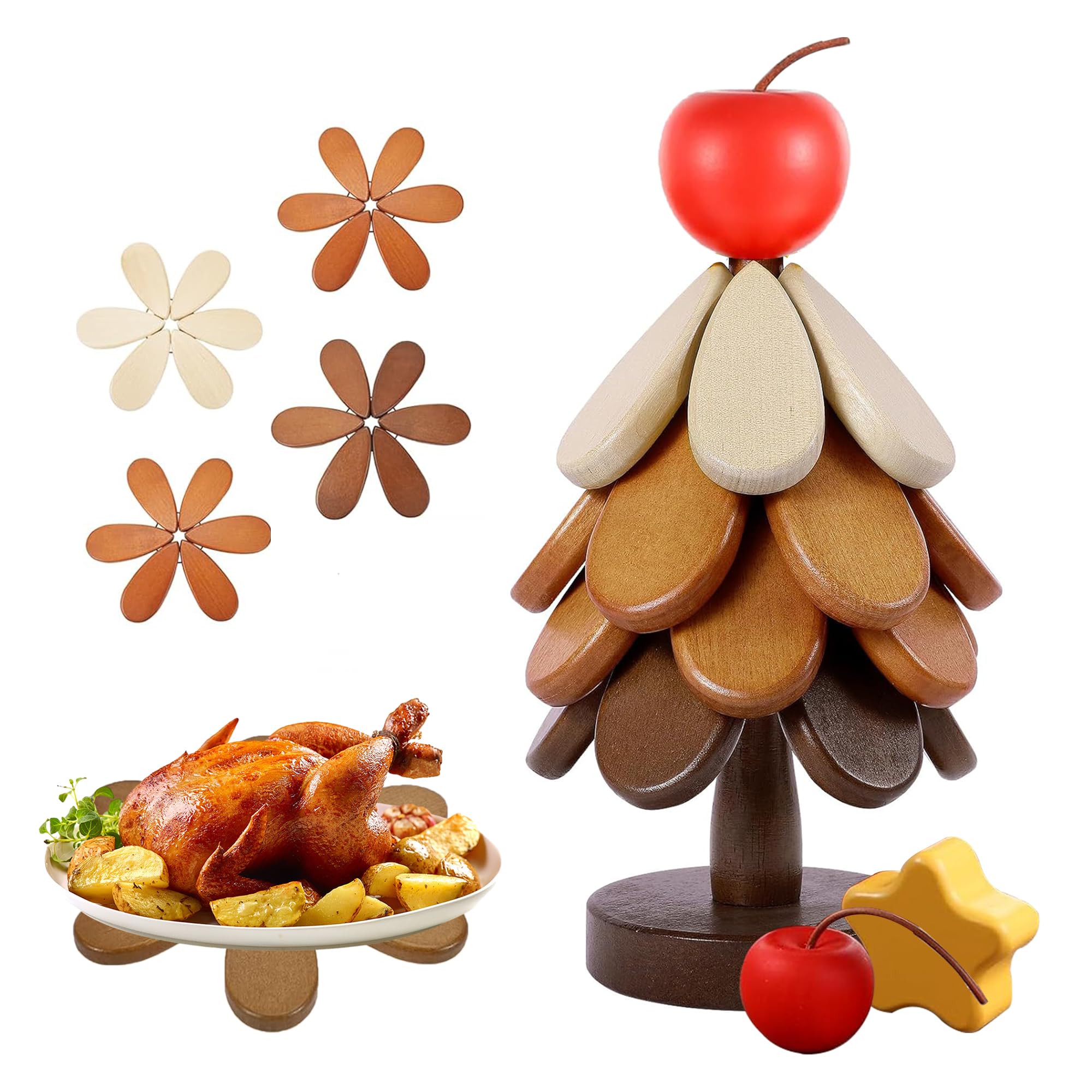 Tree Trivet for Hot Dishes, Artisanal Wooden Tree Coasters with Stand, Collapsible Trivets Tree, Christmas Tree Coasters Set of 4?2025