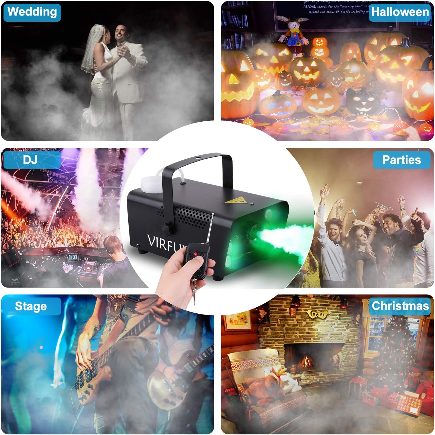 Fog Machine, 6 LED Lights with 12 Colors Effect, VIRFUN Smoke Machine with Wireless&Wired Remote Control for Parties, Halloween, Outdoor, Indoor, Wedding and Stage Effect, 500ml Tank