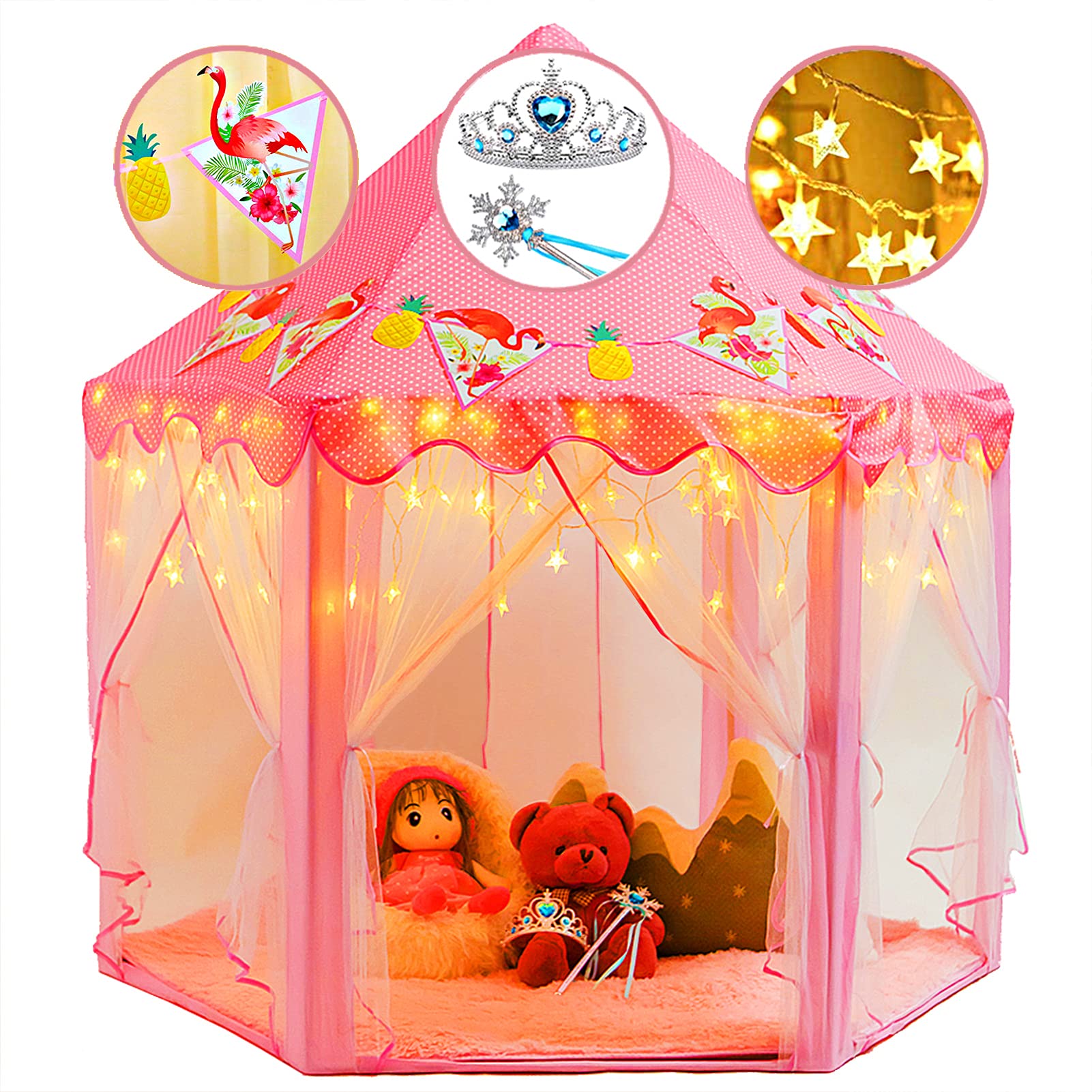 crayline Princess Tent for Girls with LED Star Lights, Play Tent for Girls Birthday Gifts Playhouse for Kids, Toys for 1 Y...