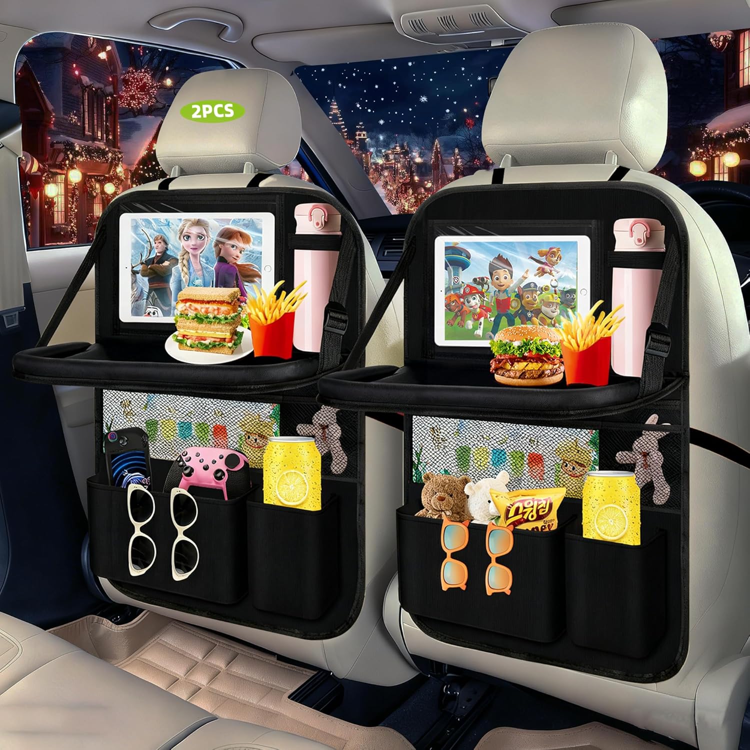 Organizador de asiento trasero de automóvil de 2 piezas con bandeja plegable para alimentos, 9 + 1 bolsillos de almacenamiento con soporte para