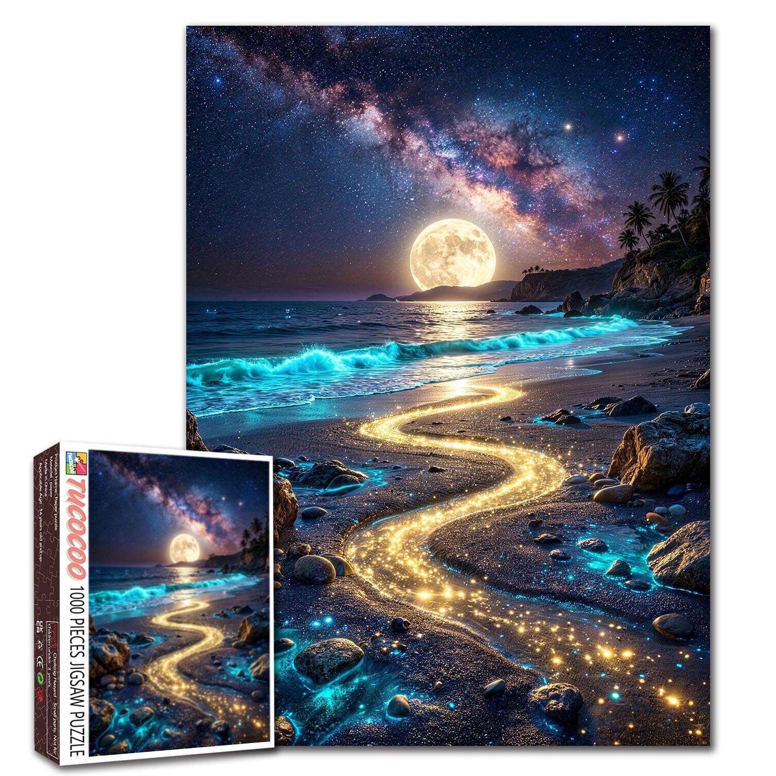 The Glowing Beach 1000 Piece Jigsaw Puzzle for Adults Moonlight Blue Tears Scene Puzzle Colorful Starlit Seaside Artwork Luminous Relaxing Challenging Fun Puzzles 19.7 x 27.6 Inches Gift Home Decor