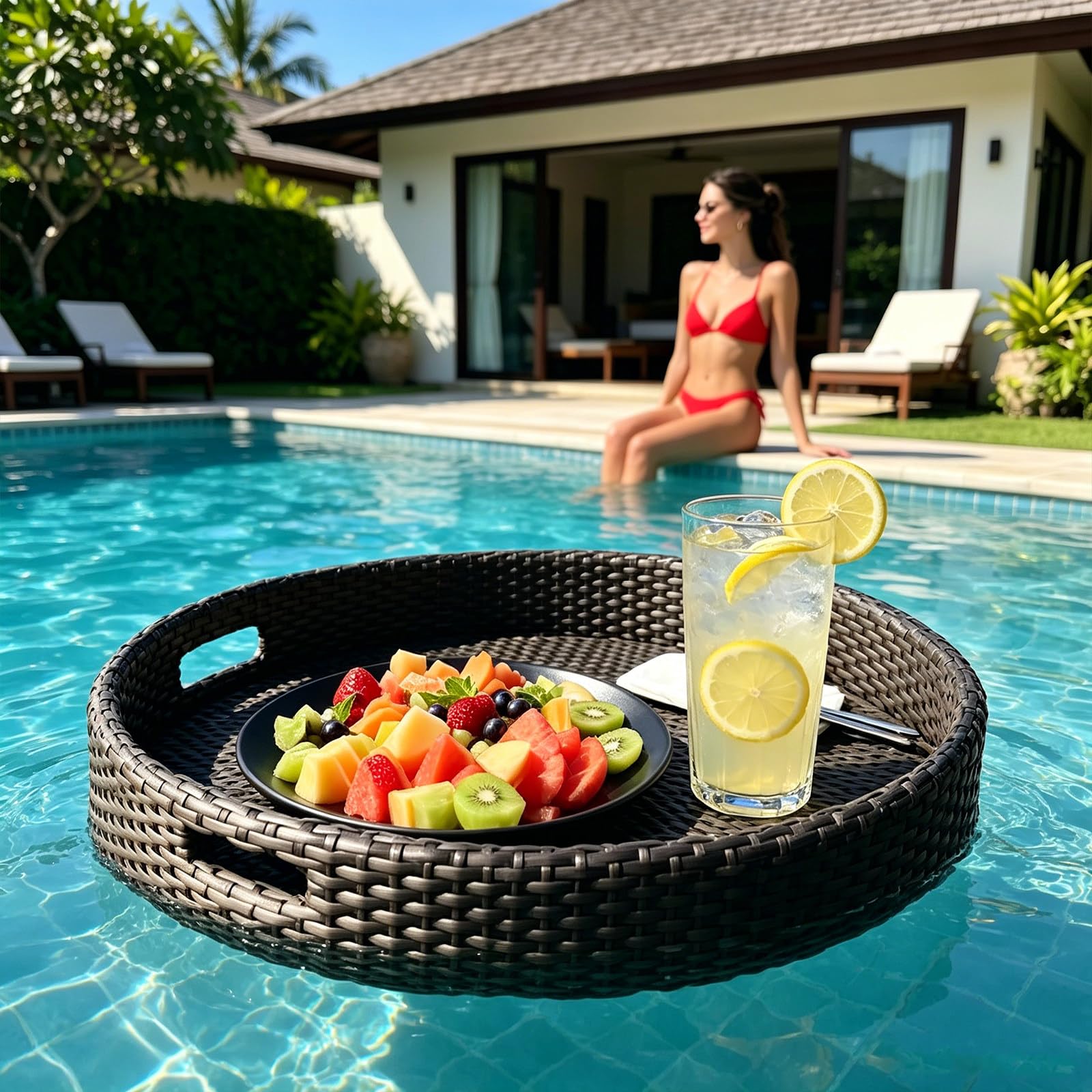 Vassoio Galleggiante per Piscina – Gomma Eva massiccia, Stile Vimini Anti-rovesciamento – Perfetto per aperitivo in Piscina, Spa o Spiaggia Circle-Coffee