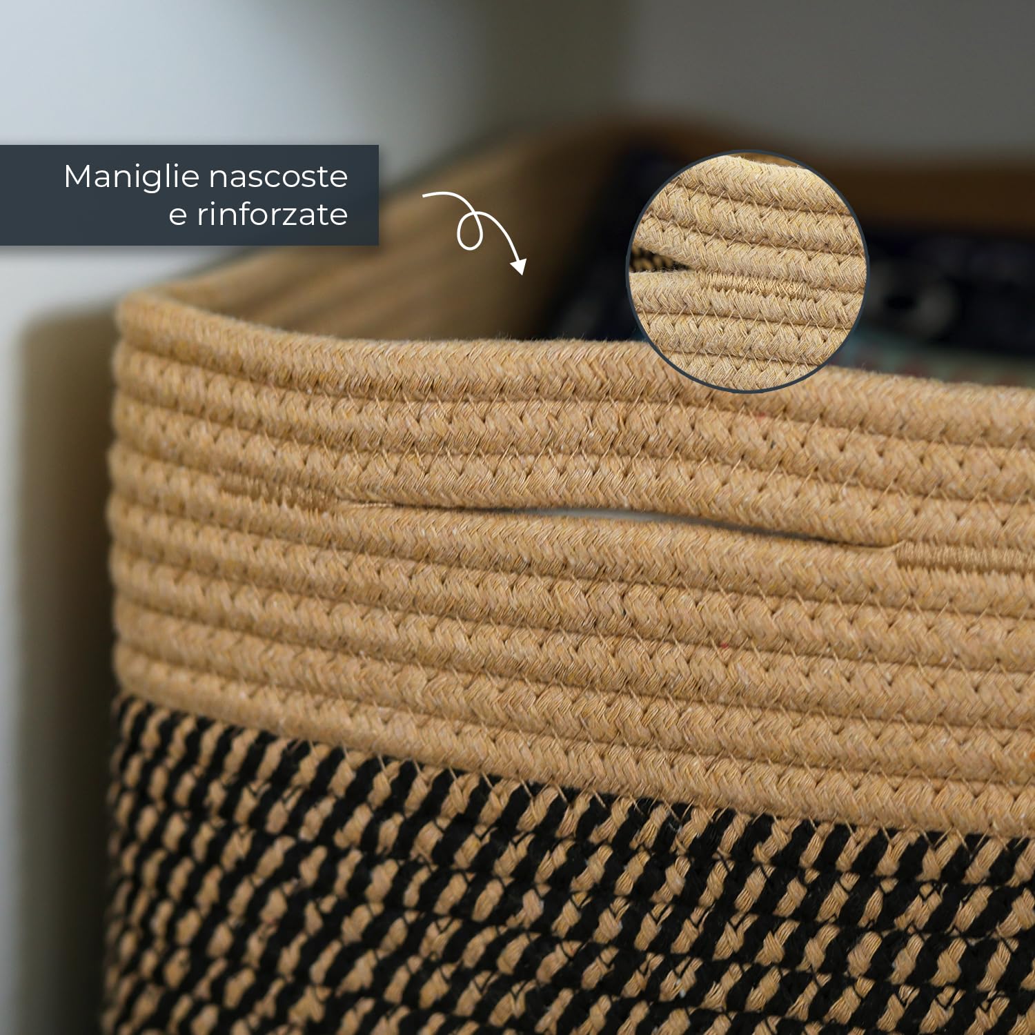 HMF - Cesto portaoggetti con maniglie nascoste, set di 3, cesto in cotone, dimensioni: 37,5 x 25 x 22,5 cm, colore: nero miele