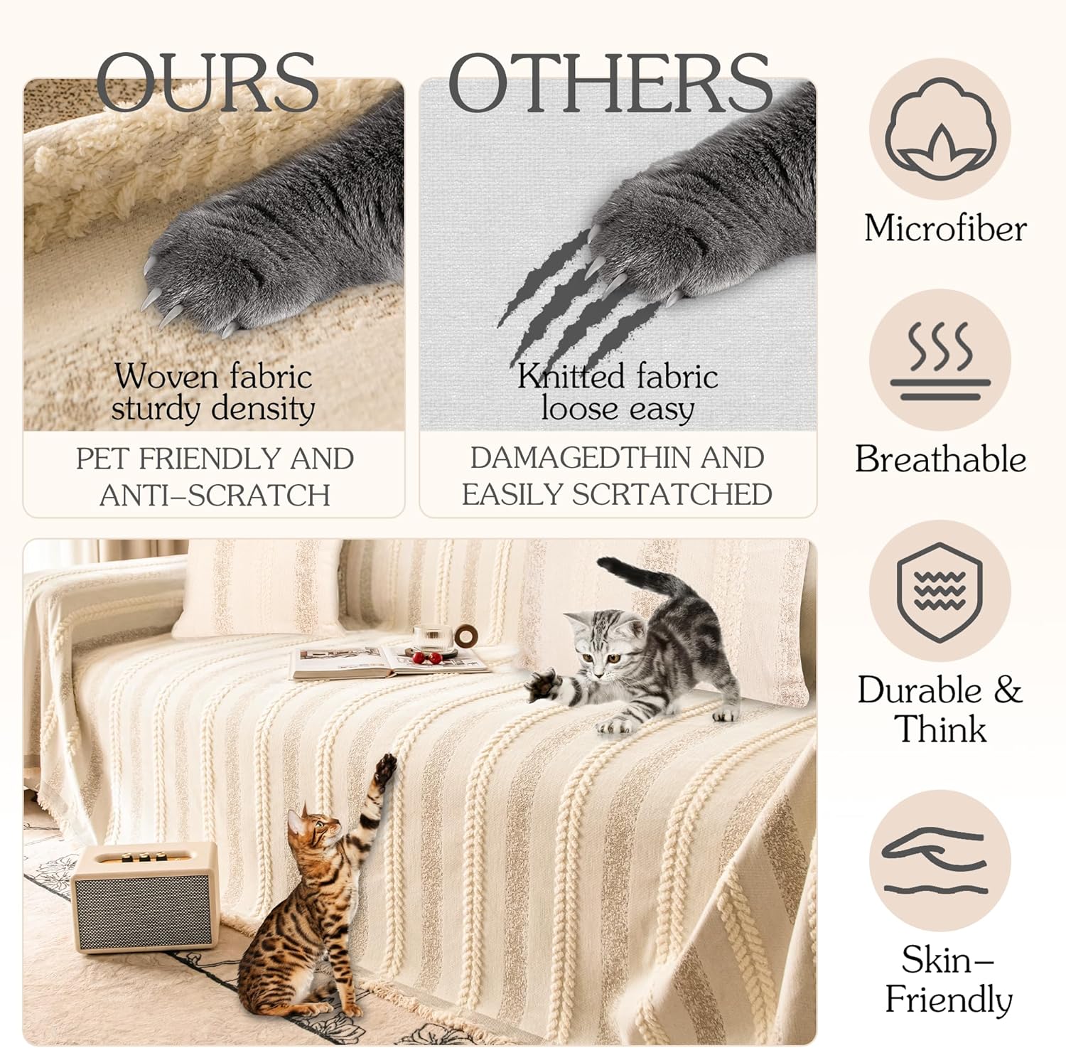 Beige,71''x102'' Couch Cover for Dogs Washable Sofa Cover, Sectional Couch Covers, Sofa Covers for 2 Cushion Couch, Non Slip Stripe Sofa Slipcovers Furniture Protector, Couch Protector from Cat Claws, Beige,71''x102'