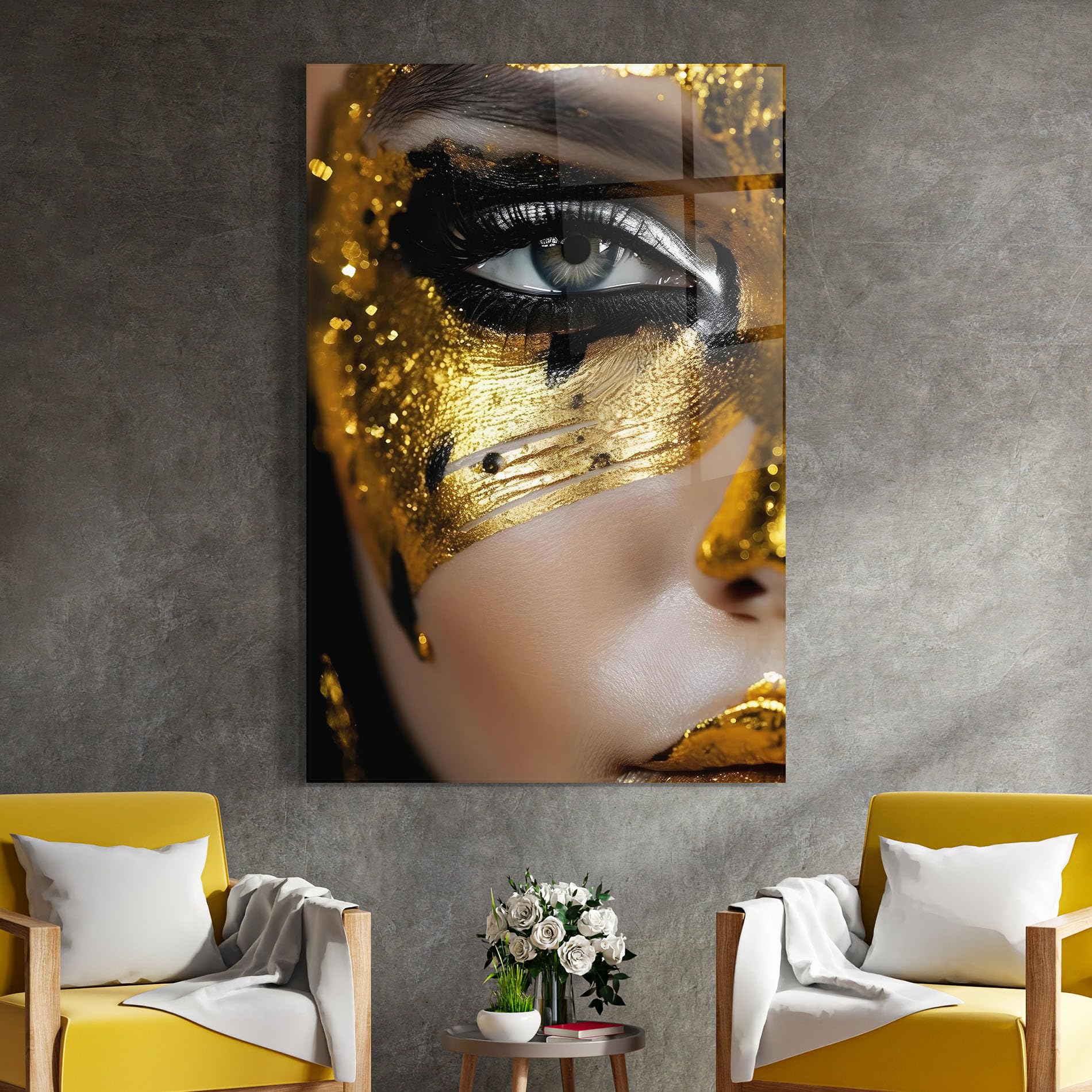ARTHUB® Moderne impression sur verre 60x80 cm, 4mm verre trempé | Tableau en verre salon et chambre, Décoration murale moderne, Décoration intérieure, femmes, Black Gold Eyeliner