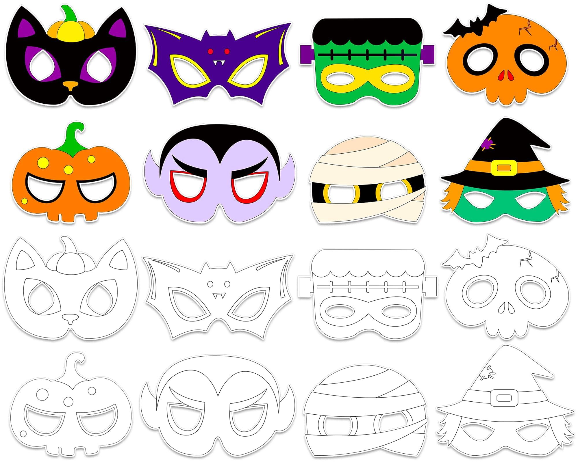 Qyeahkj 32 Pcs Halloween Coloring Masks Crafts for Kindergarten Kids, Black Cat Pumpkin Zombie Witch Bat Color Your Own Arts and Craft Kits, DIY Paper Masks for Classroom Activities Party Favors