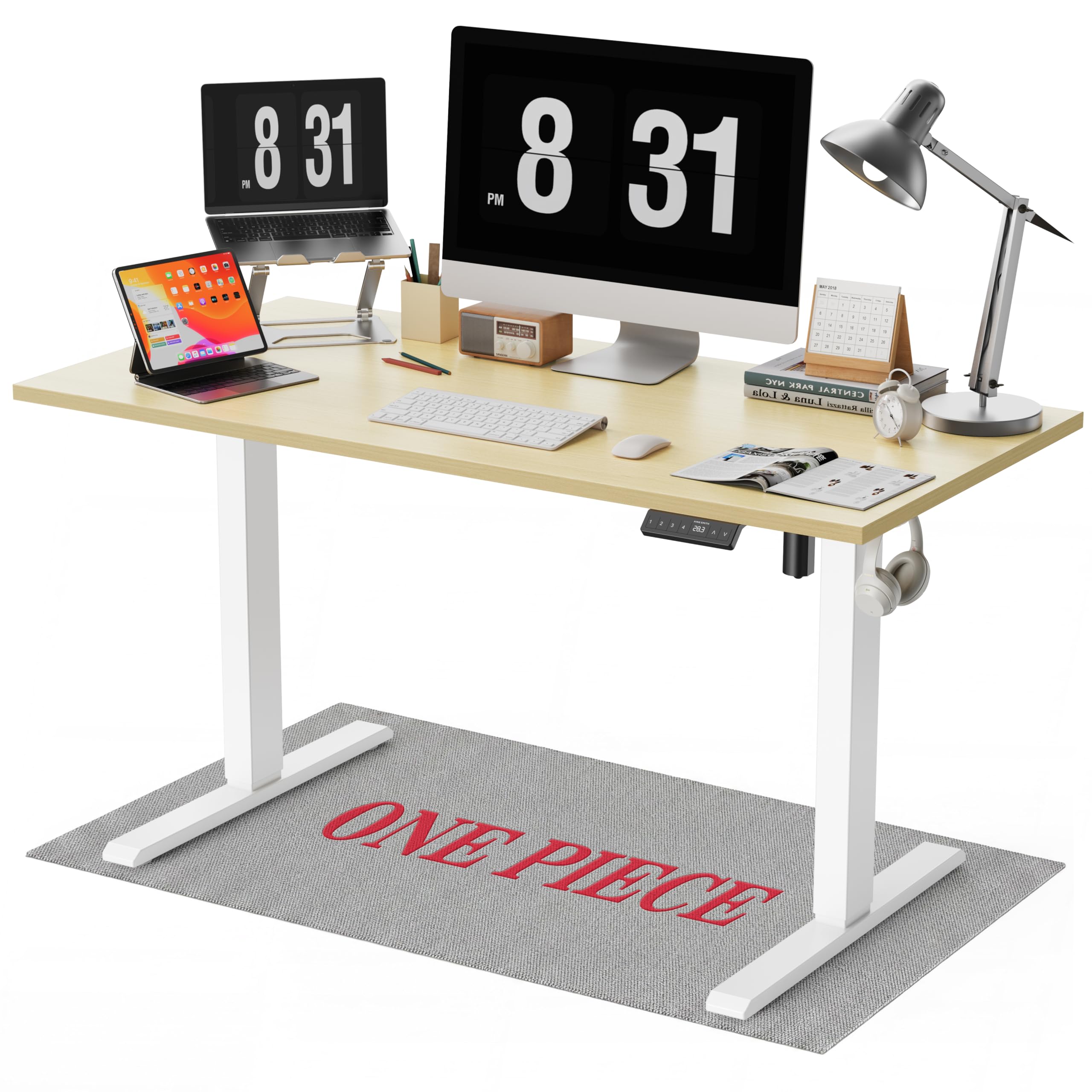 WALKINGDESK ONE PIECE Electric Standing Desk, 140 x 70 cm Height Adjustable Desk with Hooks, Computer Desk with 4 Memory Smart Pannel, Ergonomic Sit Stand Table for Home Office, Oak