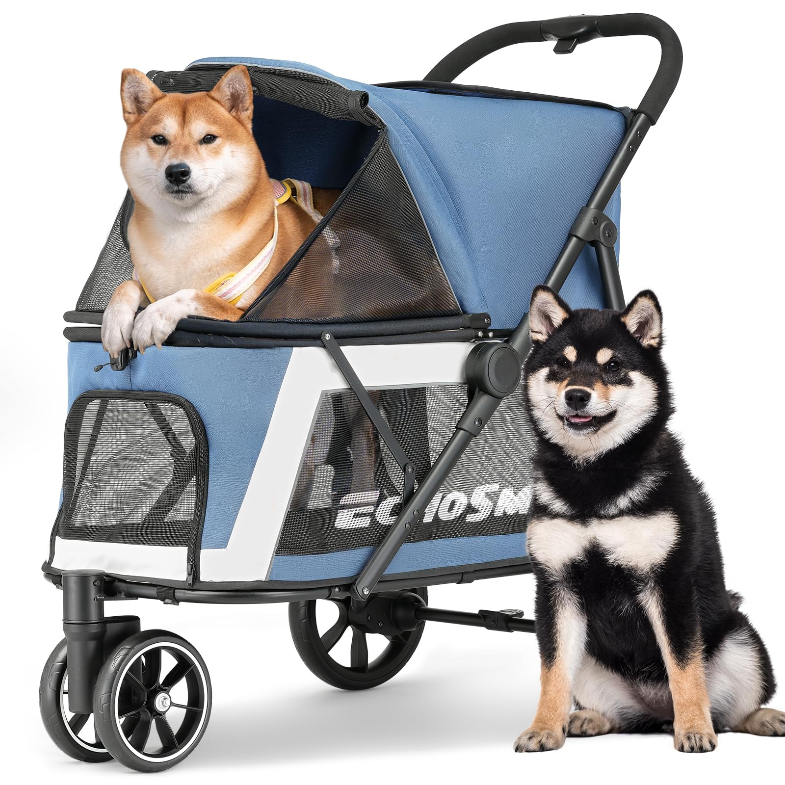 EchoSmile Hundewagen für Mittelgroße und Große Hunde bis 40kg, Faltbar Hundebuggy mit Netzfenstern, Verstellbarem Griff & 3 Geländegängige Räder, Blau + Weiß