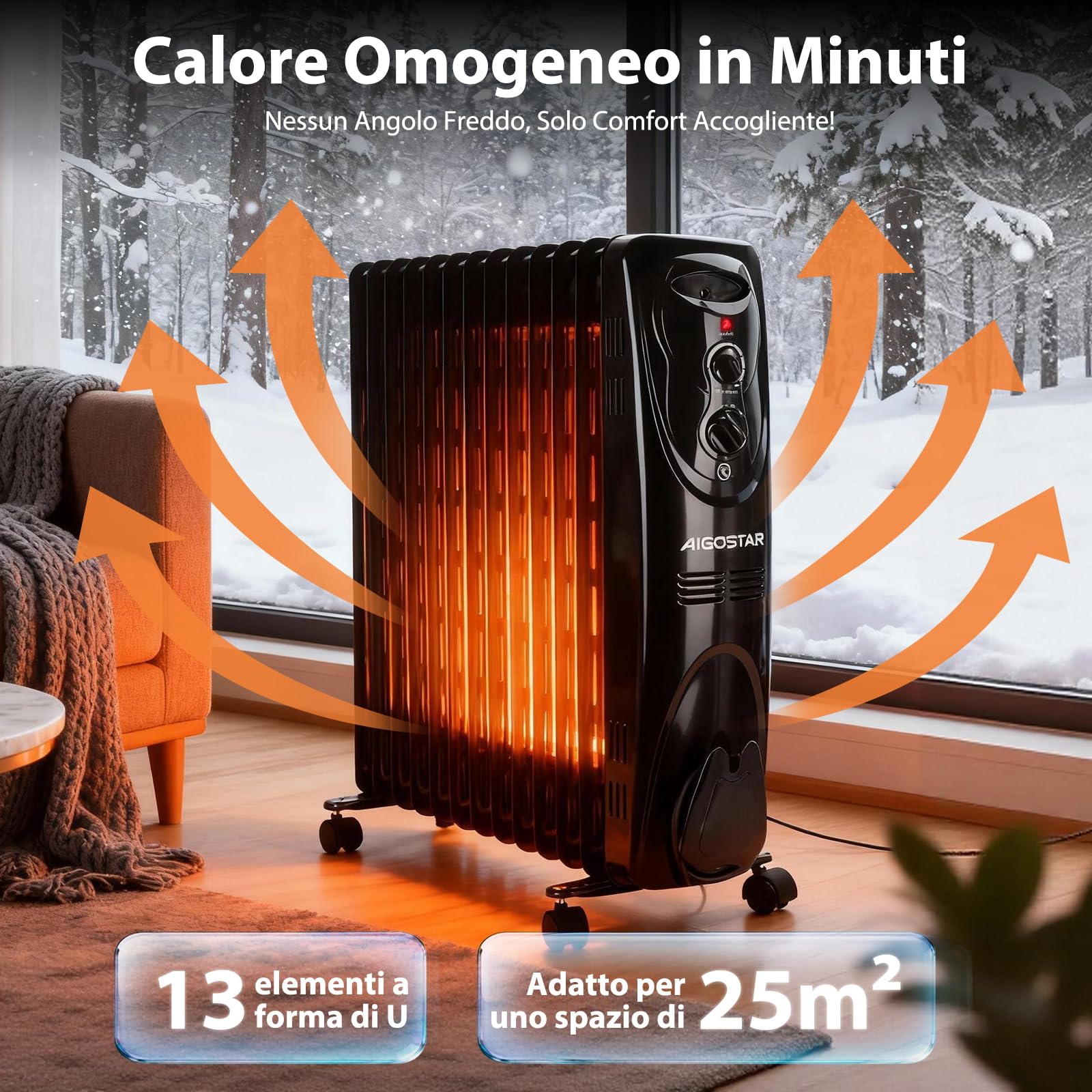 Aigostar Black Forest - Radiatore ad Olio 2500W, 13 Elementi Riscaldatore Elettrico Portatile, 3 Livelli di Calore, Termostato e Spegnimento Automatico di Sicurezza, Silenzioso, 55mq