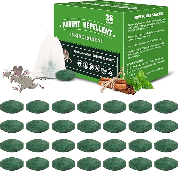 Mouse Repellent Tablets - Natural Peppermint Oil, Rodent Repellent for Corners, Cars & Indoors/Outdoors,Safe for Family & Pets -Repels Mice, Squirrels & Spiders (28 Pack)