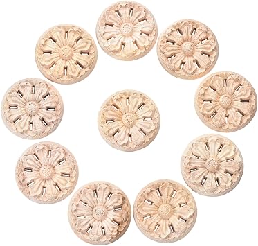 10PCS Unfinished Wood Onlay Round Appliques Decoration Dia-6cm/2.36", Unpainted Round Carving Craft Decals for Home Chests Cabinet Cupboard Dresser Bed Wall Wardrobe Furniture