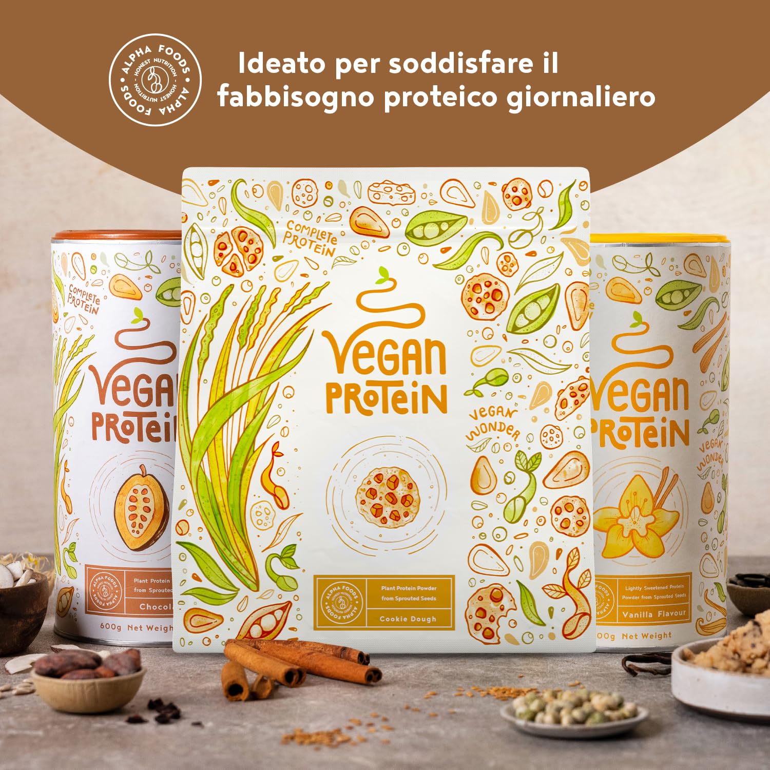 Proteine in Polvere Vegane | Gusto Cookie Dough | 21g Proteine Vegetali Isolate in Polvere di Pisello, Riso, Girasole e Soia | Massa Muscolare | 1.2kg Vegan Protein Powder | Alpha Foods