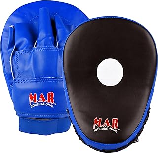 MAR | Blue Boxing Pads Rex Leather Curved Hook & Jab Target, Focus Pads with Shock Absorbent Foam & Hook & Loop Straps, Karate Mitts Sparring Pads, Martial Arts MMA Kickboxing Thai Boxing (One Size)