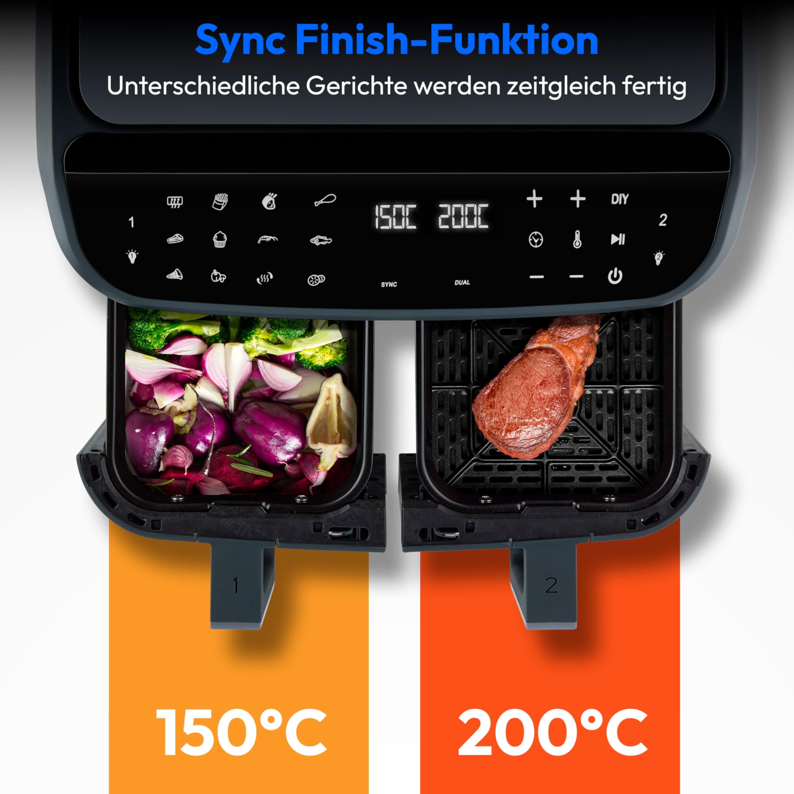 MEDION P20 XXL Heißluftfritteuse mit 2 Kammern (8,7 Liter, Airfryer, 2.600 Watt, Doppelkammer, 10 Automatikprogramme, 2 Schubladen, Sichtfenster, Dualer Airfryer, ILAG PFAS-frei, MD11760) matt grau
