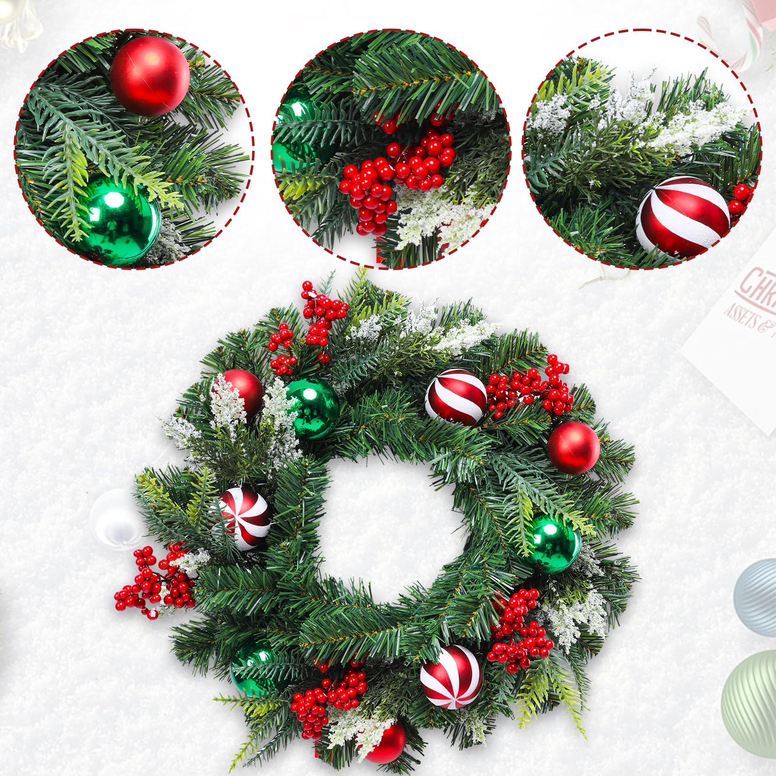 MUMTOP Couronne de Noël lumineuse de 50,8 cm avec boules de baies rouges, couronne de porte d'entrée à piles avec lumières LED pour décoration de la maison