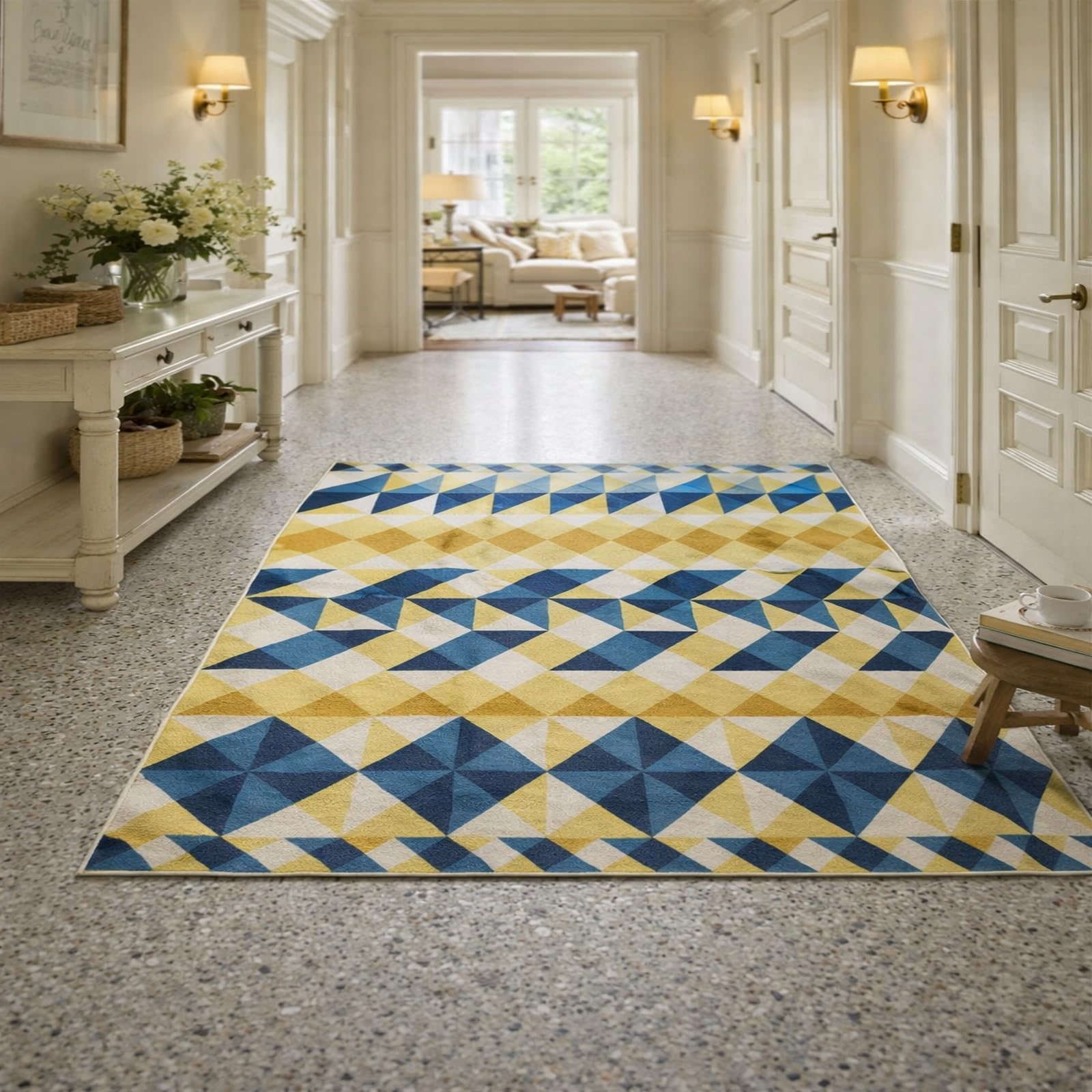 Tapis de salon géométrique bleu marine et jaune moderne 120x200 cm pour chambre