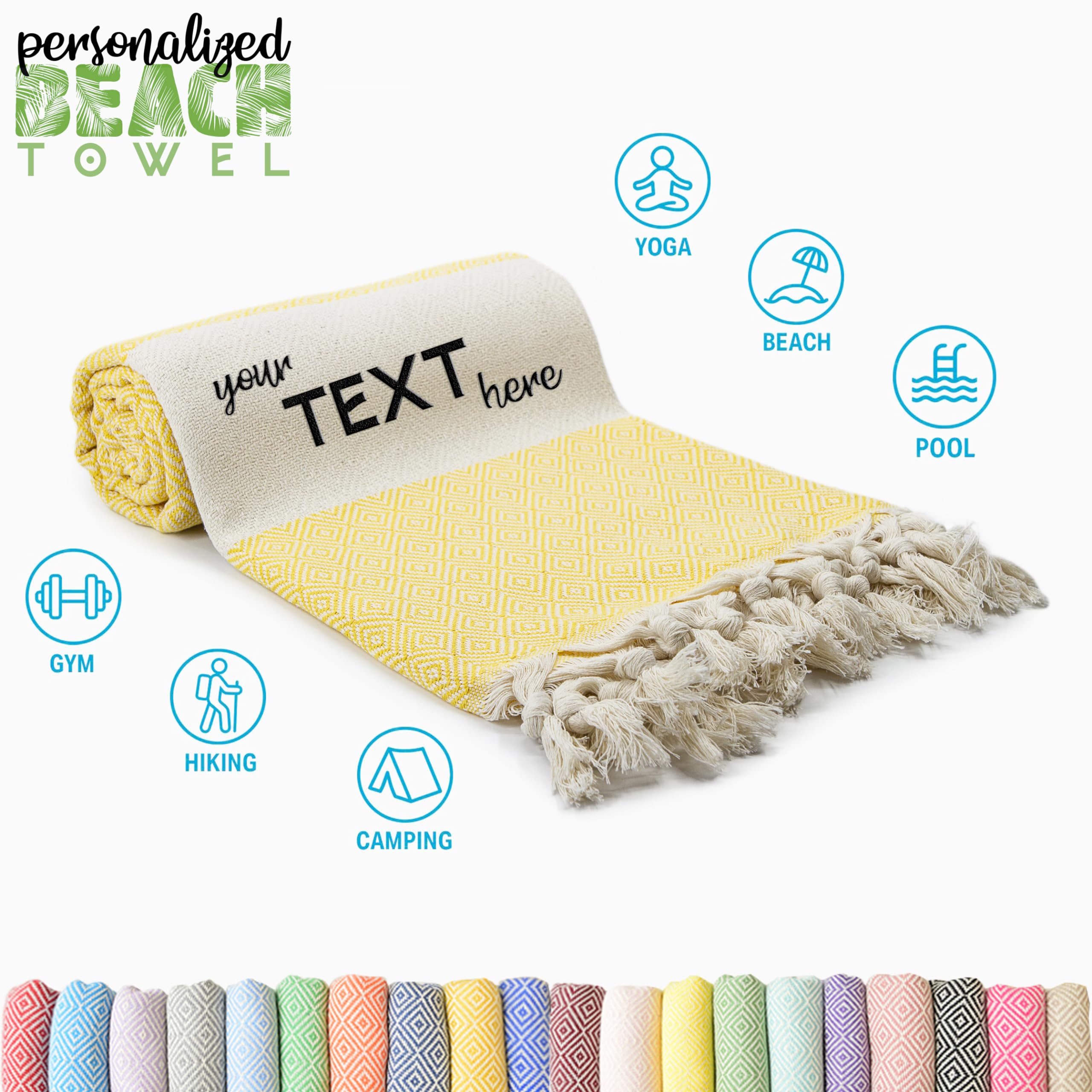 Turkish Beach Towel, Personalized Gifts, Oversized Lighweight Yoga Blanket, Travel Friendly, Custom Embroidered Bath Towels for Kids and Adults (