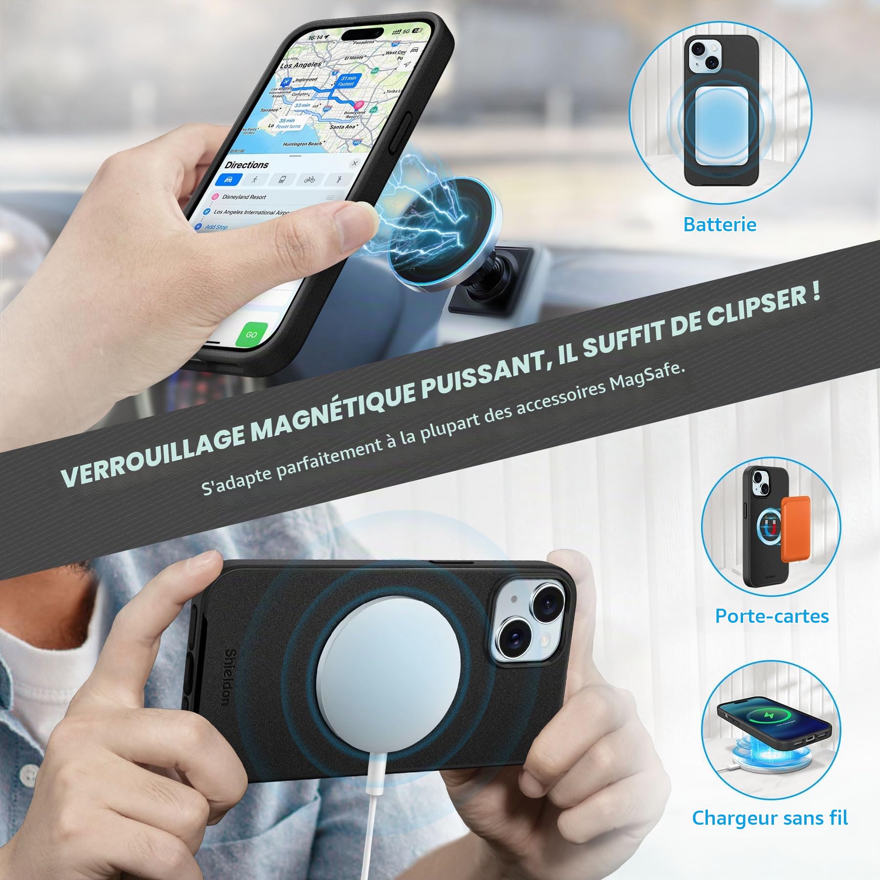 Shieldon Étui Portefeuille en Cuir Véritable pour iPhone 15 6.1", Noir