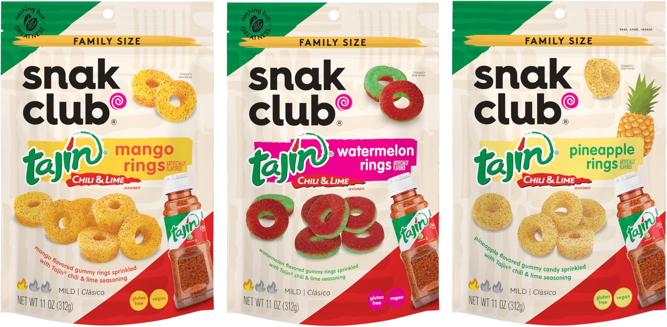 Snak Club Tajin Gummy Candy Fruit Rings, Gummies with Chili and Lime Seasoning, Mild Spice, Gluten-Free and Vegan Snacks, Assorted Variety, Watermelon, Mango, Pineapple, 11 oz Resealable Bags, 3 Pack