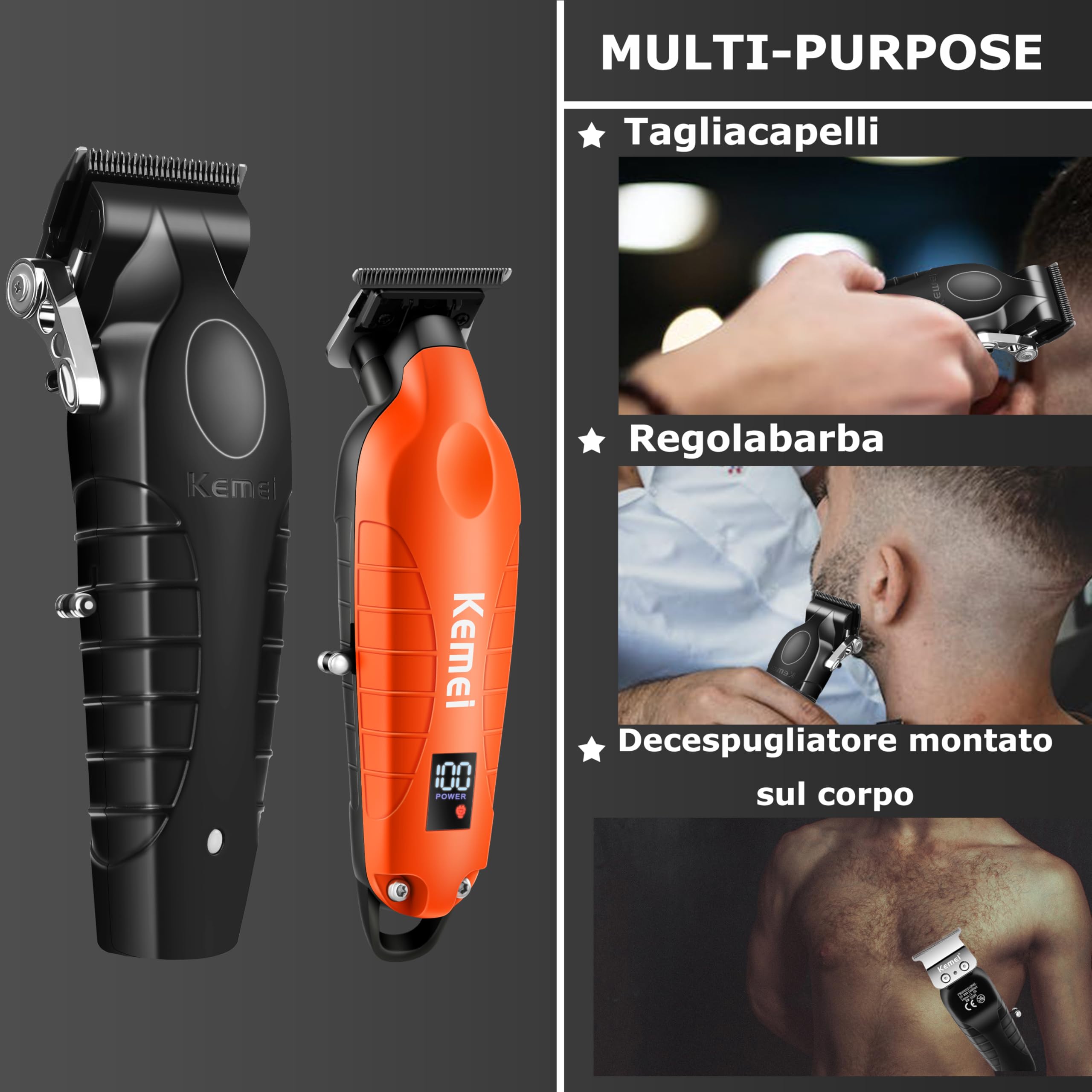 KEMEI Set di tagliacapelli da uomo, tagliacapelli professionale e tagliacapelli, senza fili, senza fili, con display a LED, 11 pettini guida
