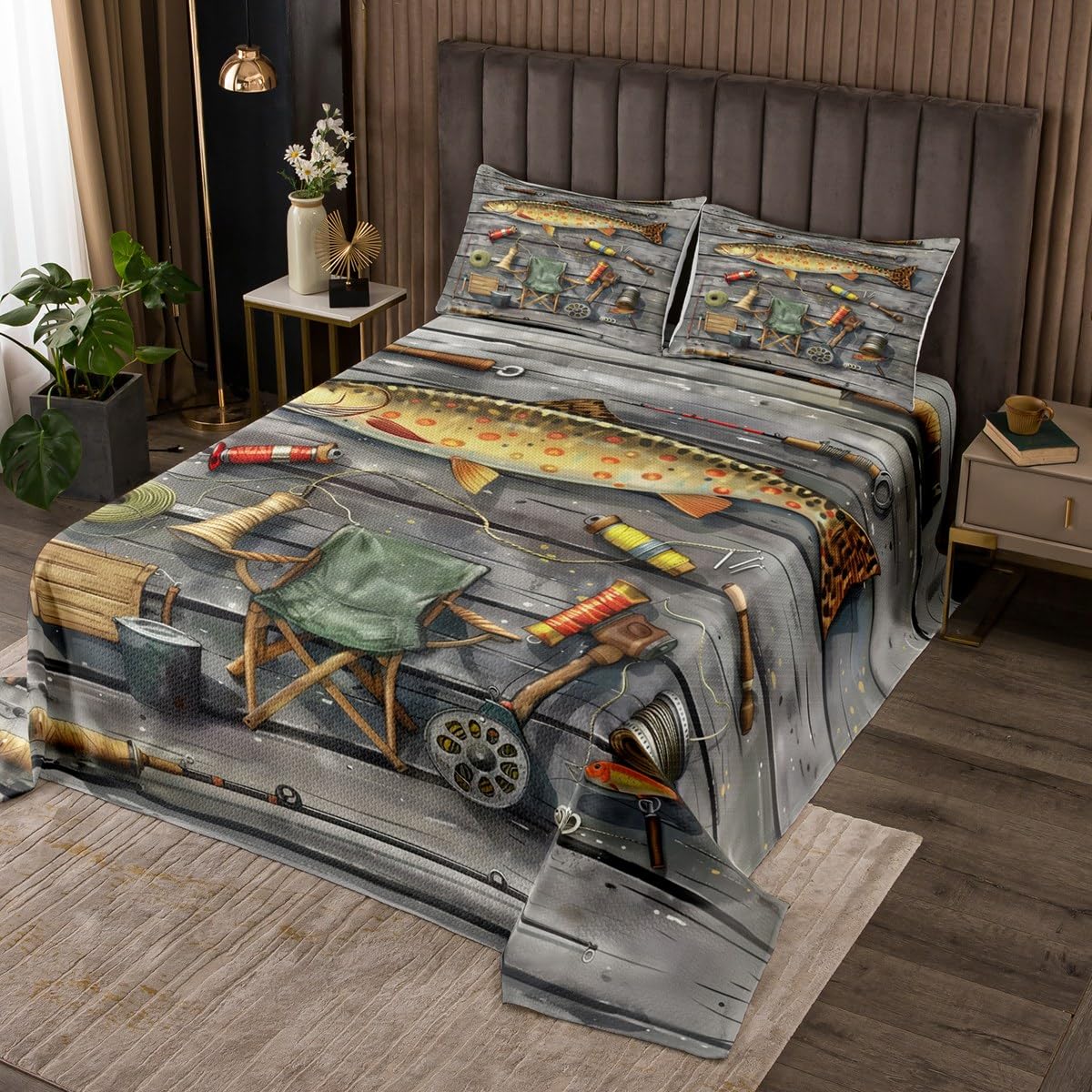 jejeloiu Big Pike Fish Quilted Coverlet King Size Fisherman Bedspread for Kids Boys Girls Decor Fishing and Hunting Coverlet Set Breathable Soft Lightweight Bass Big Fish Bedroom Decor