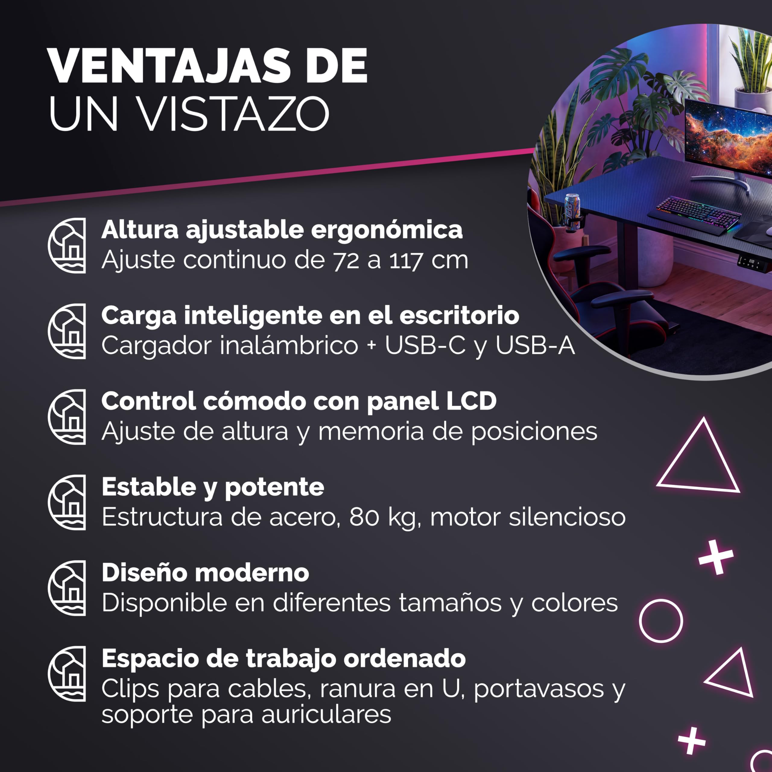 CASARIA® Escritorio Eléctrico Regulable Altura 120x60cm Mesa Elevable 80Kg LCD Función Memoria Temporizador USB-C/A Home Office Oficina Negro | Eléctrico, Altura ajustable 72 a 117cm, función de memoria, cargador inalámbrico con USB-C y USB-A
