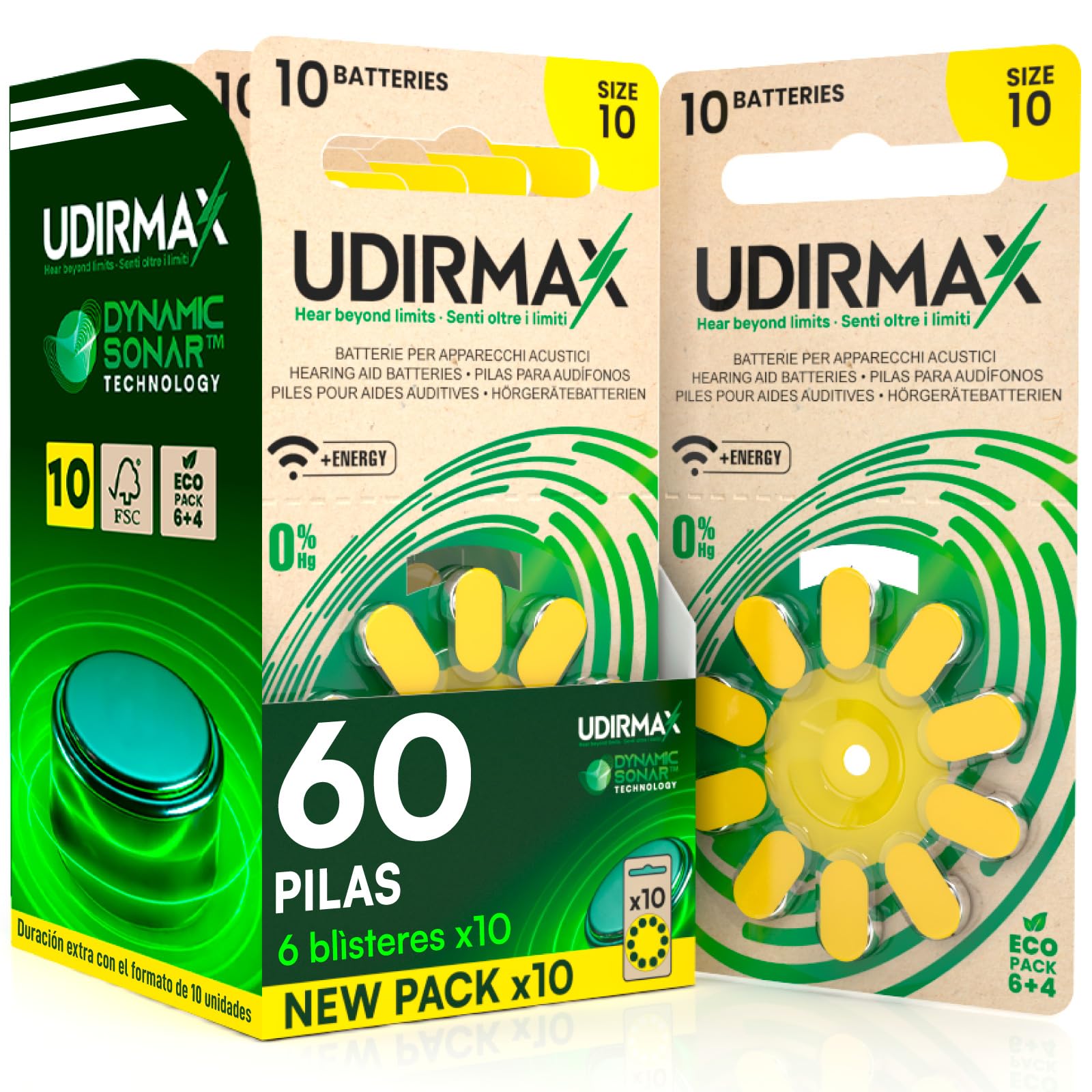 60 Baterías para Audífonos Tamaño 10 Udirmax Pilas PR70 Amarillas Zinc-Aire 1,45V Eco Pack - 6 Blísteres Ecológicos de 10 Pilas